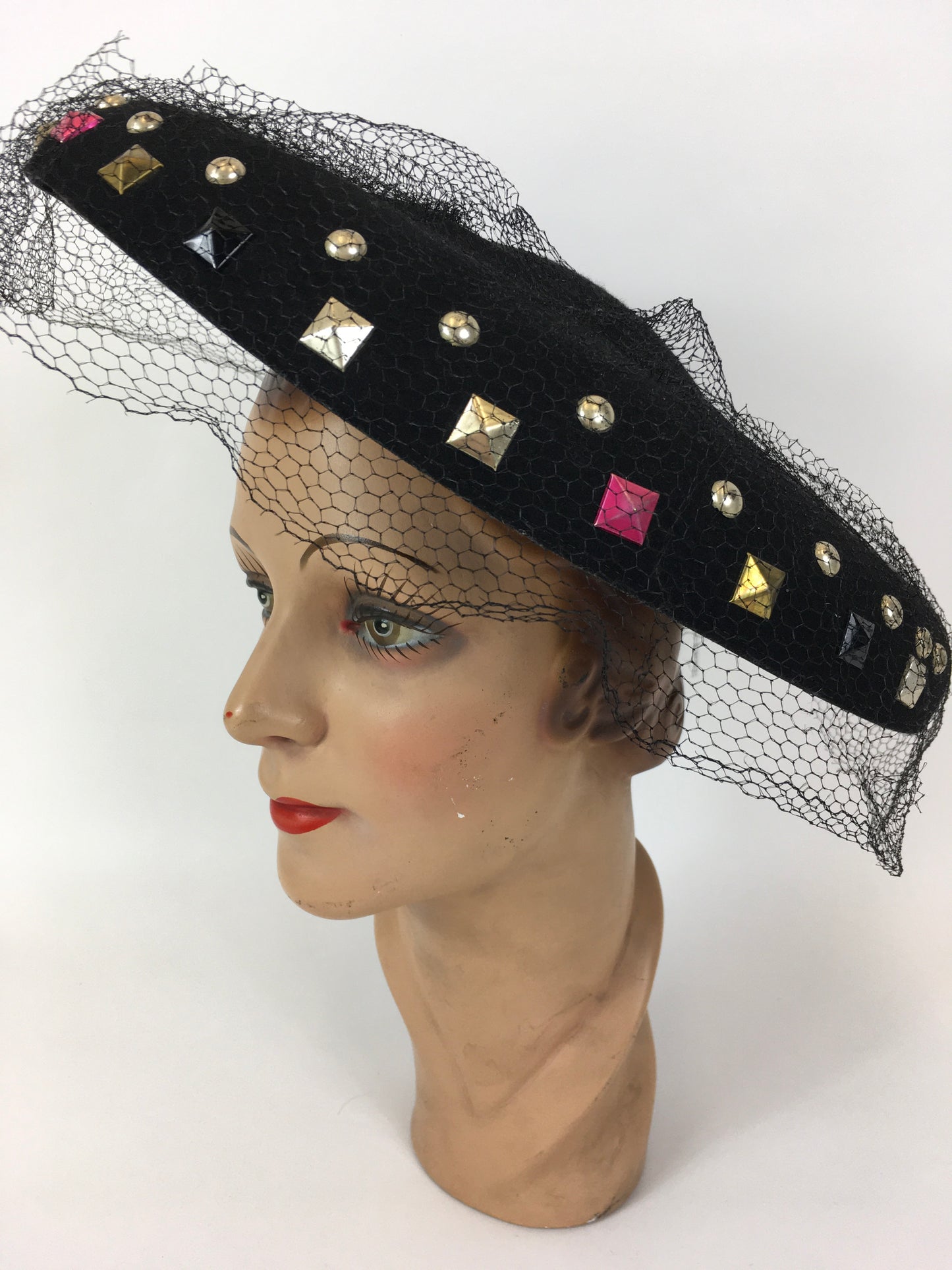 Original 1940’s SHOWSTOPPING Black Platter Hat - With Coloured Stud Work Detailing & Veiling