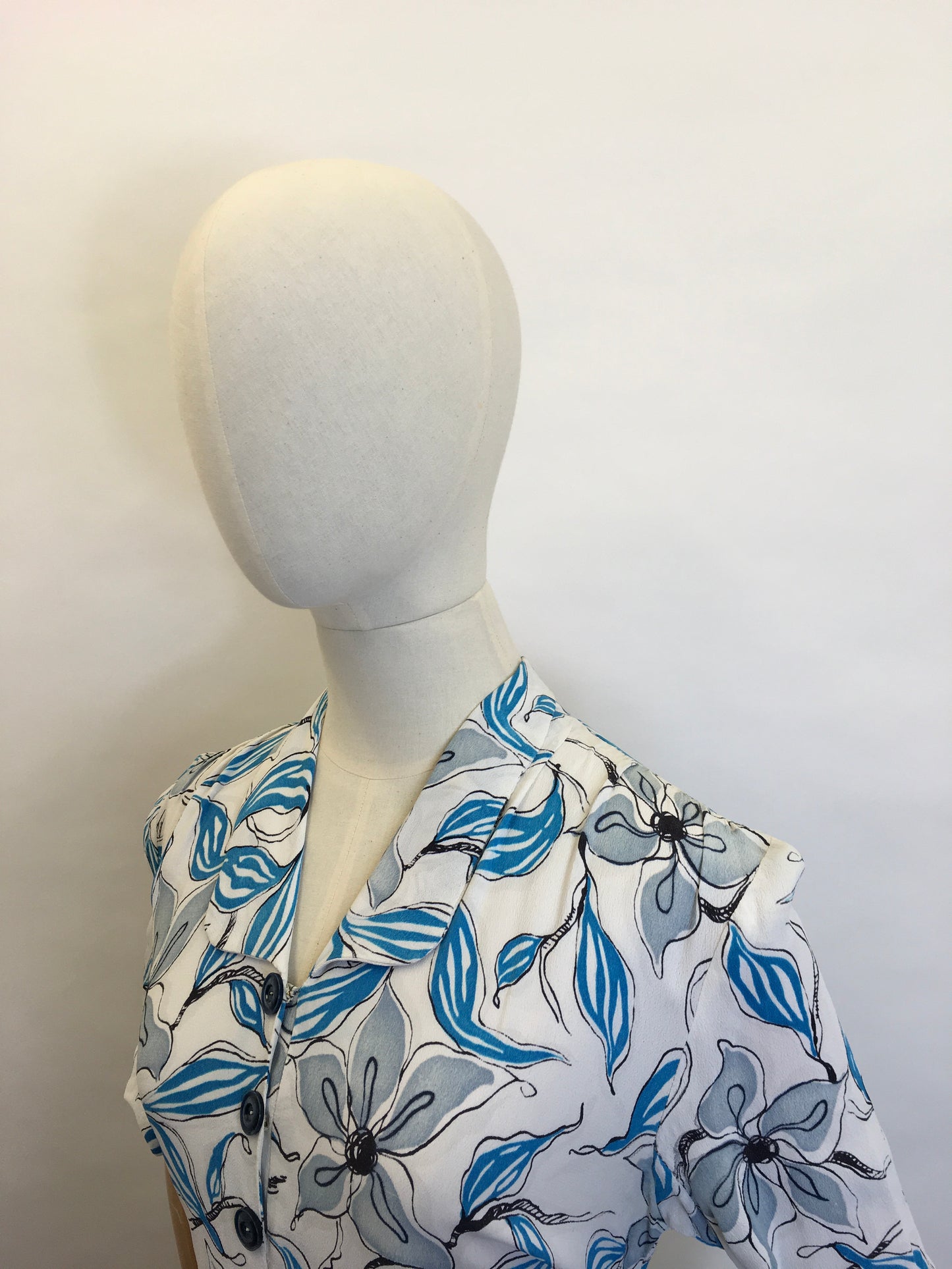 Original 1940’s Crepe Day Dress - Lovely Stencilled Floral in Blues, Blacks and Slate Greys