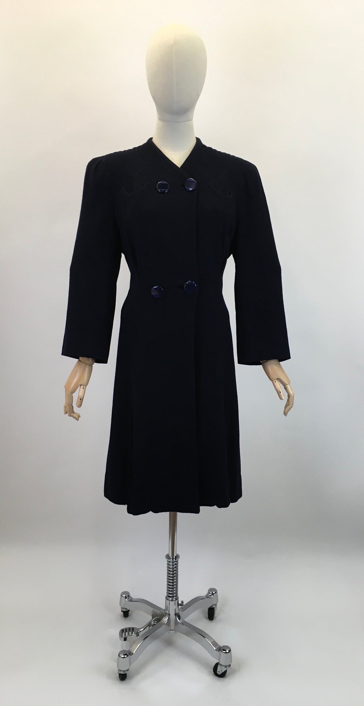 Original 1930’s Darling Navy Wool Crepe Coat - With Stunning Trapunto Detailing