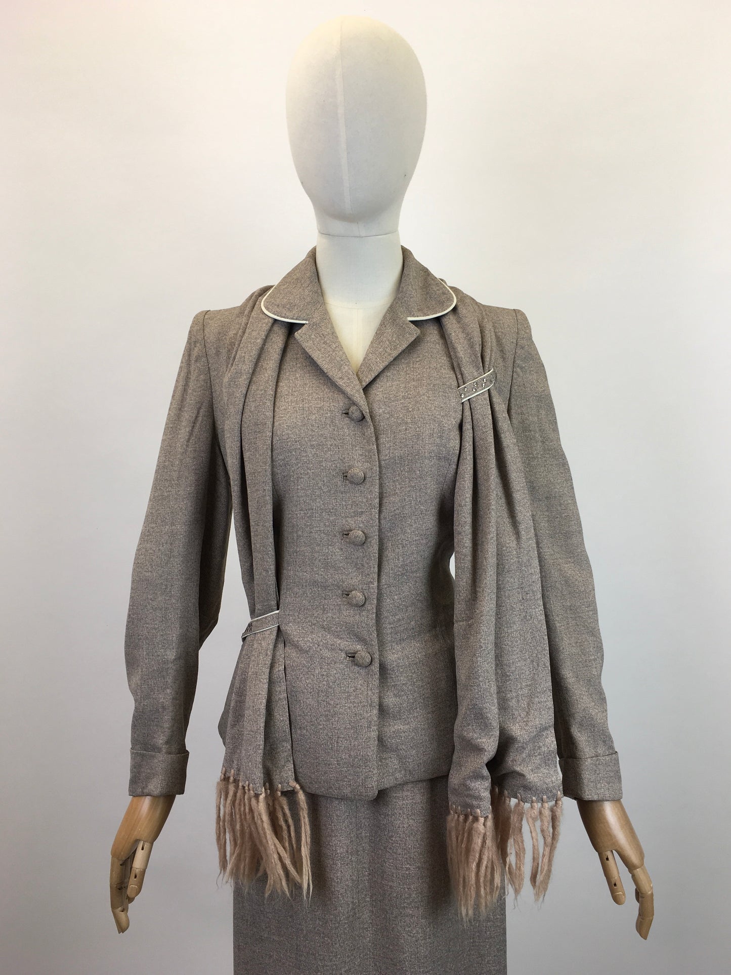 Original 1940's STUNNING 3pc Suit - In Soft Fawn with A Draped Tasselled Scarf