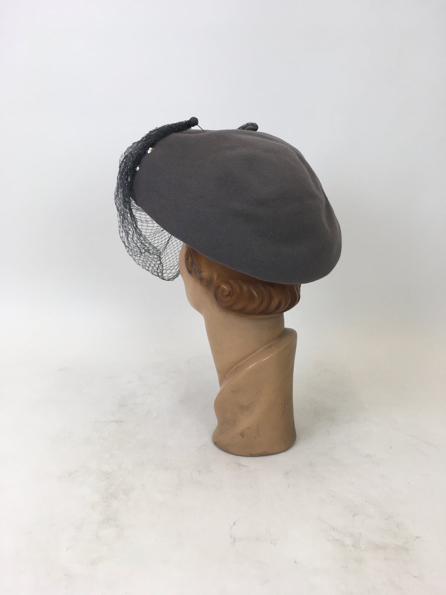 Original 1940's Stunning Studded Hat with Veiling - In A Powdered Grey