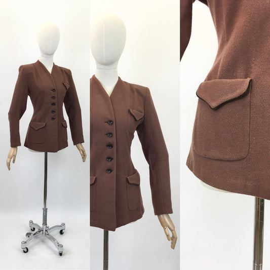 Original 1940's Darling Woollen Jacket - In A Caramel Brown With Green Piping