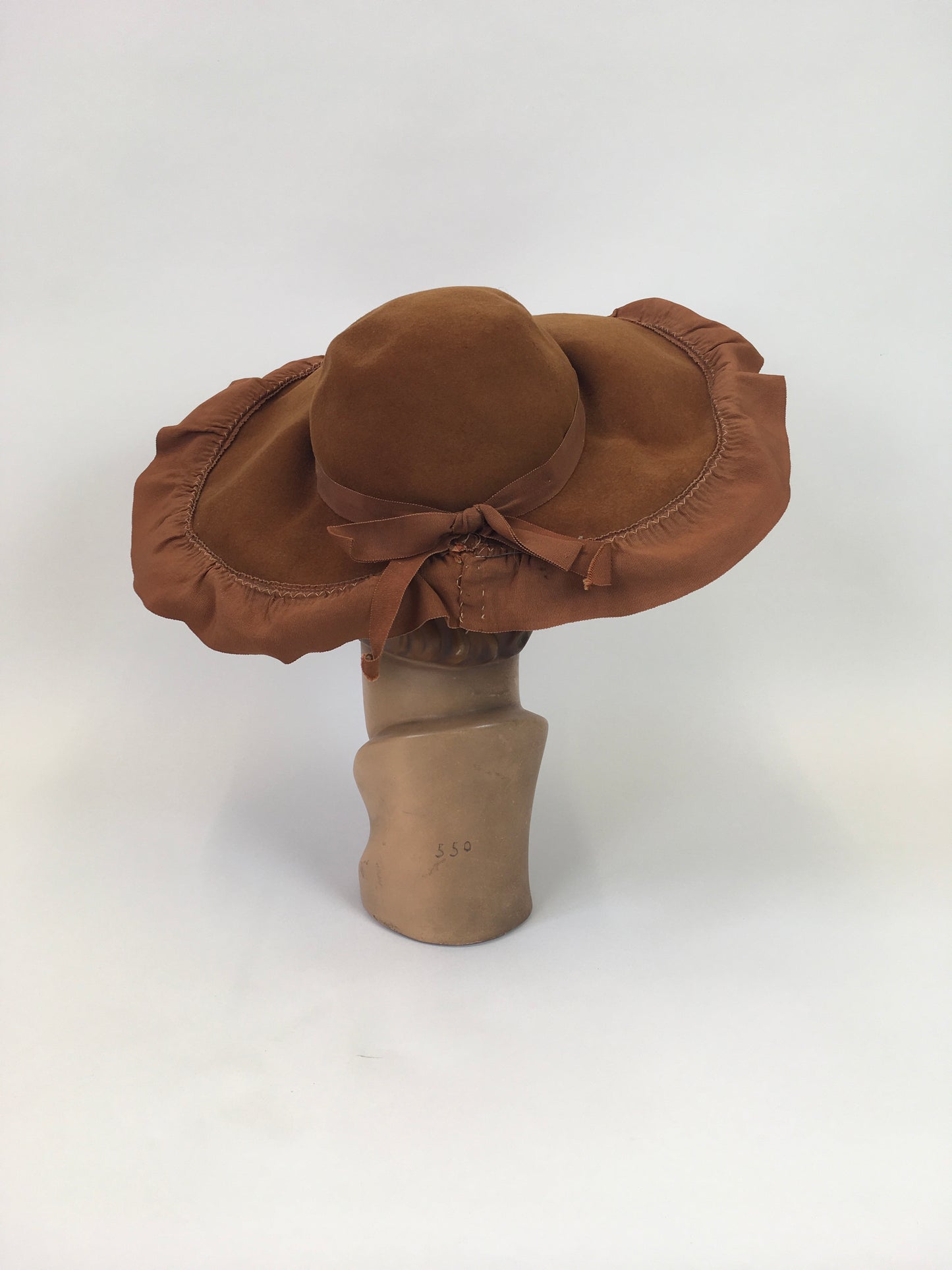 Original 1940's Sensational Brimmed Hat - In Warm Cinnamon With a Ruffled Trim