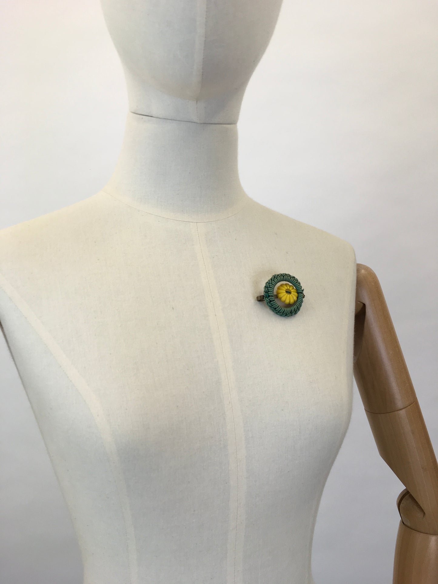 Original 1940s Telephone Cord Brooch - In Soft Green with a Sunshine Yellow Button Detailing