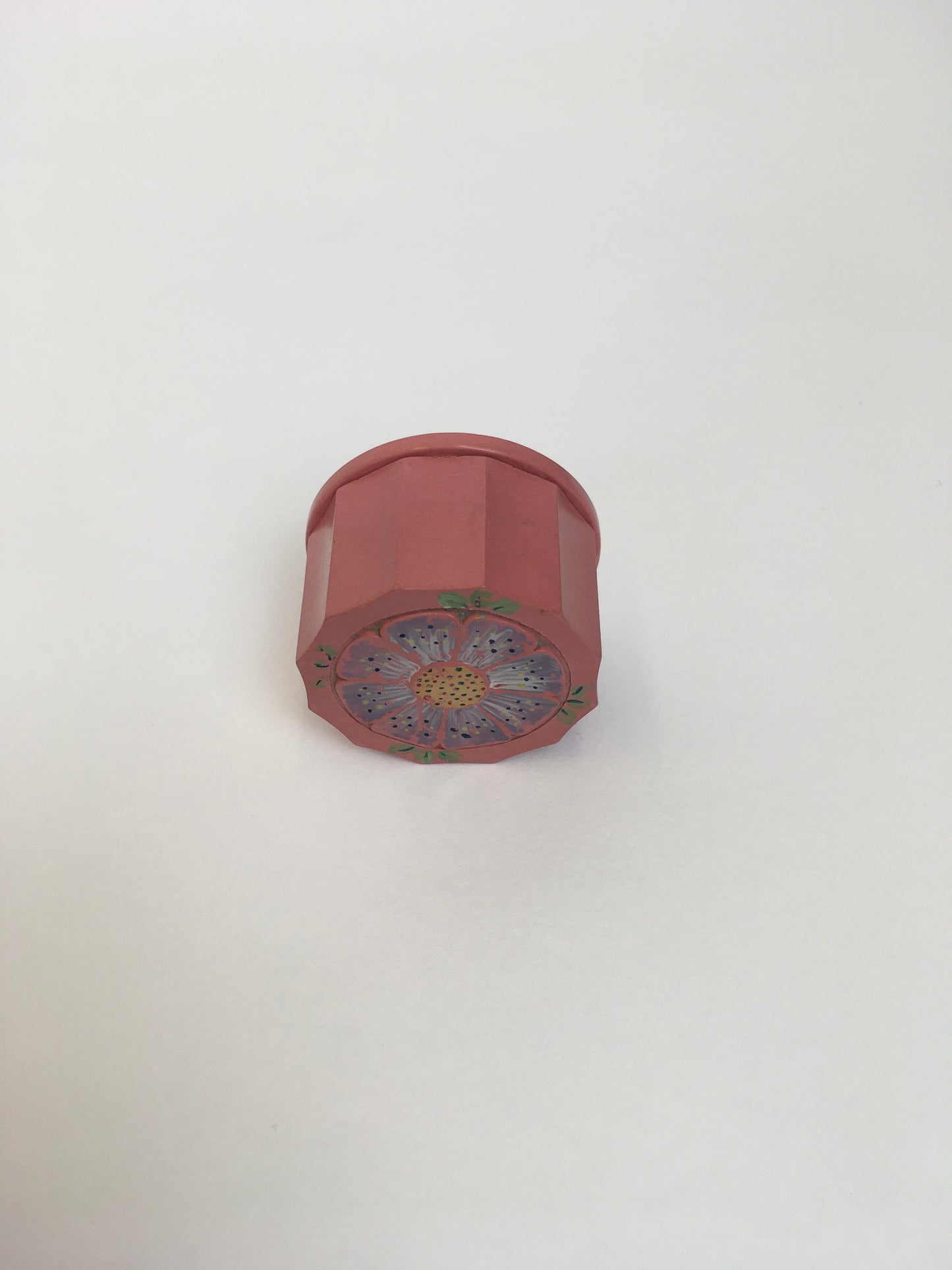 Original 1930s Celluloid Dressing Table Pot - With a Floral Motif In soft Lilac, Muted Yellow and Grassy Greens