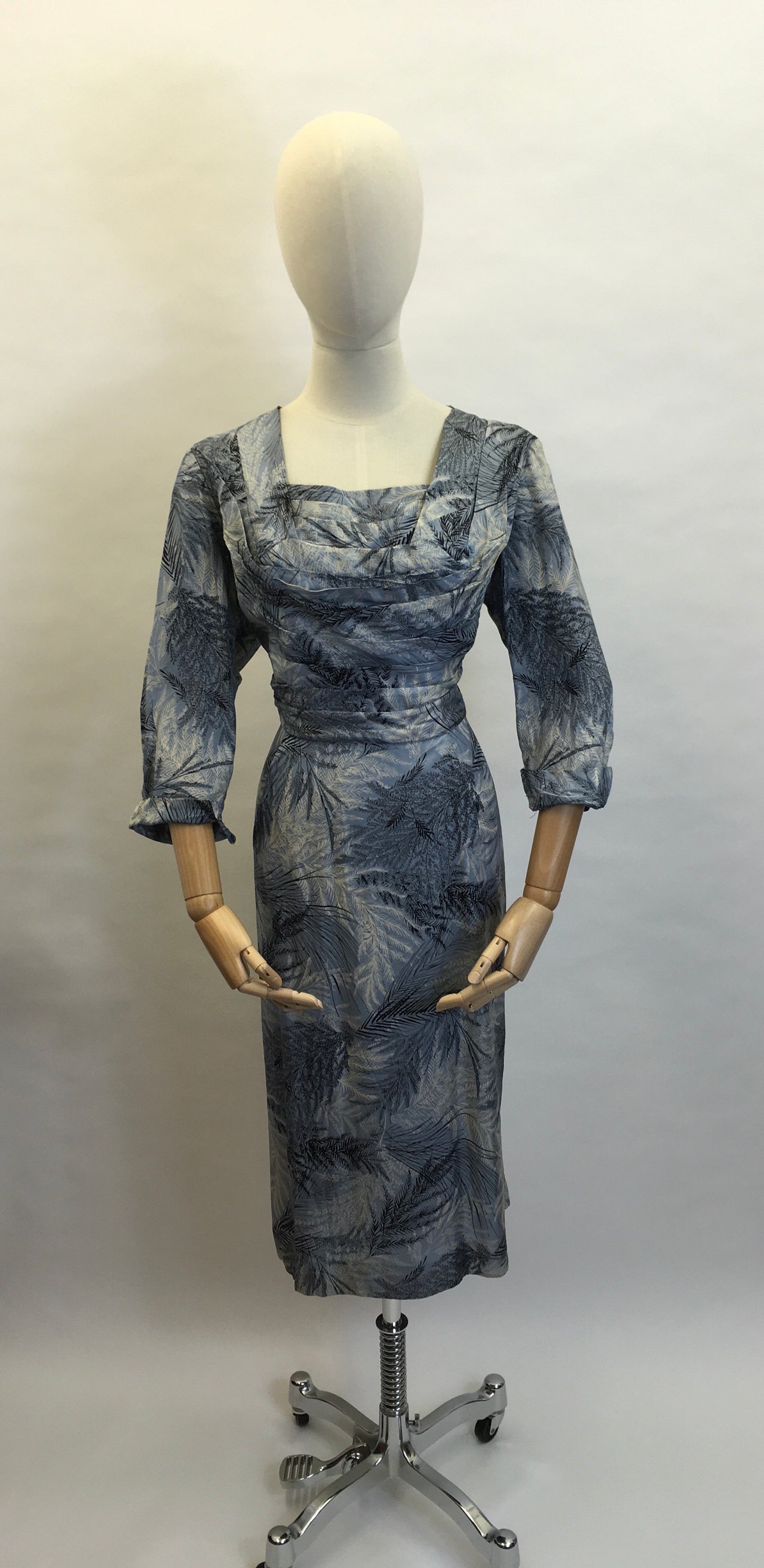 Original 1940’s Cocktail Dress - In a lovely Fern Print Silk in Power Blues and Shades of Grey
