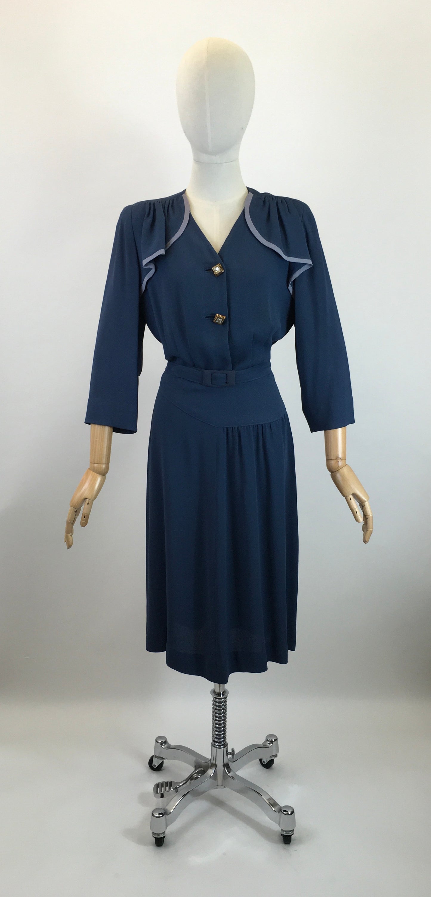 Original 1940's Sublime Two Tone Crepe Dress With Illusion Cape - In Contrast Airforce & Powder Blue