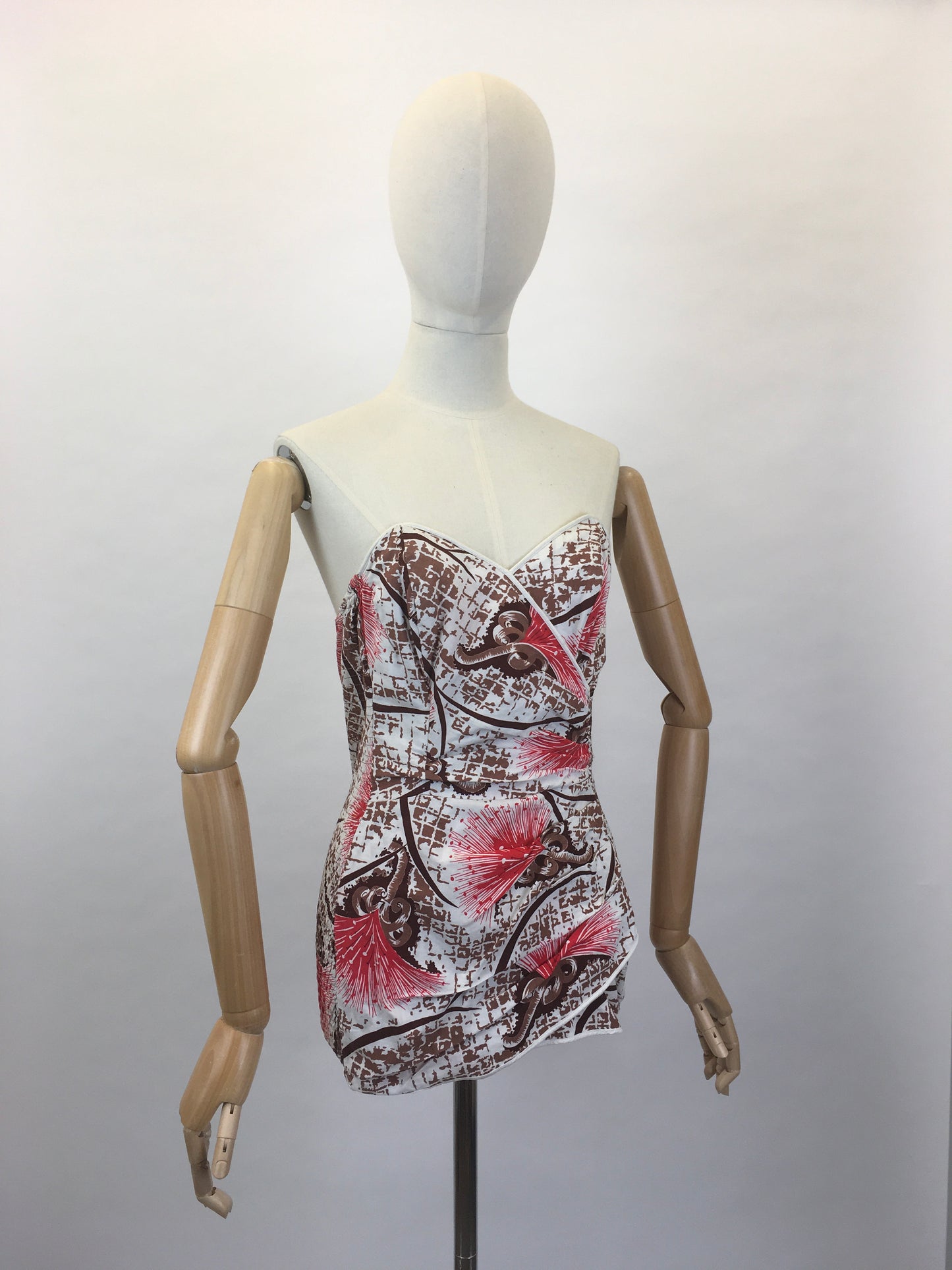 Original Late 1940s early 1950’s Bathing Costume - In a Fabulous Brown and Bright Coral Cotton