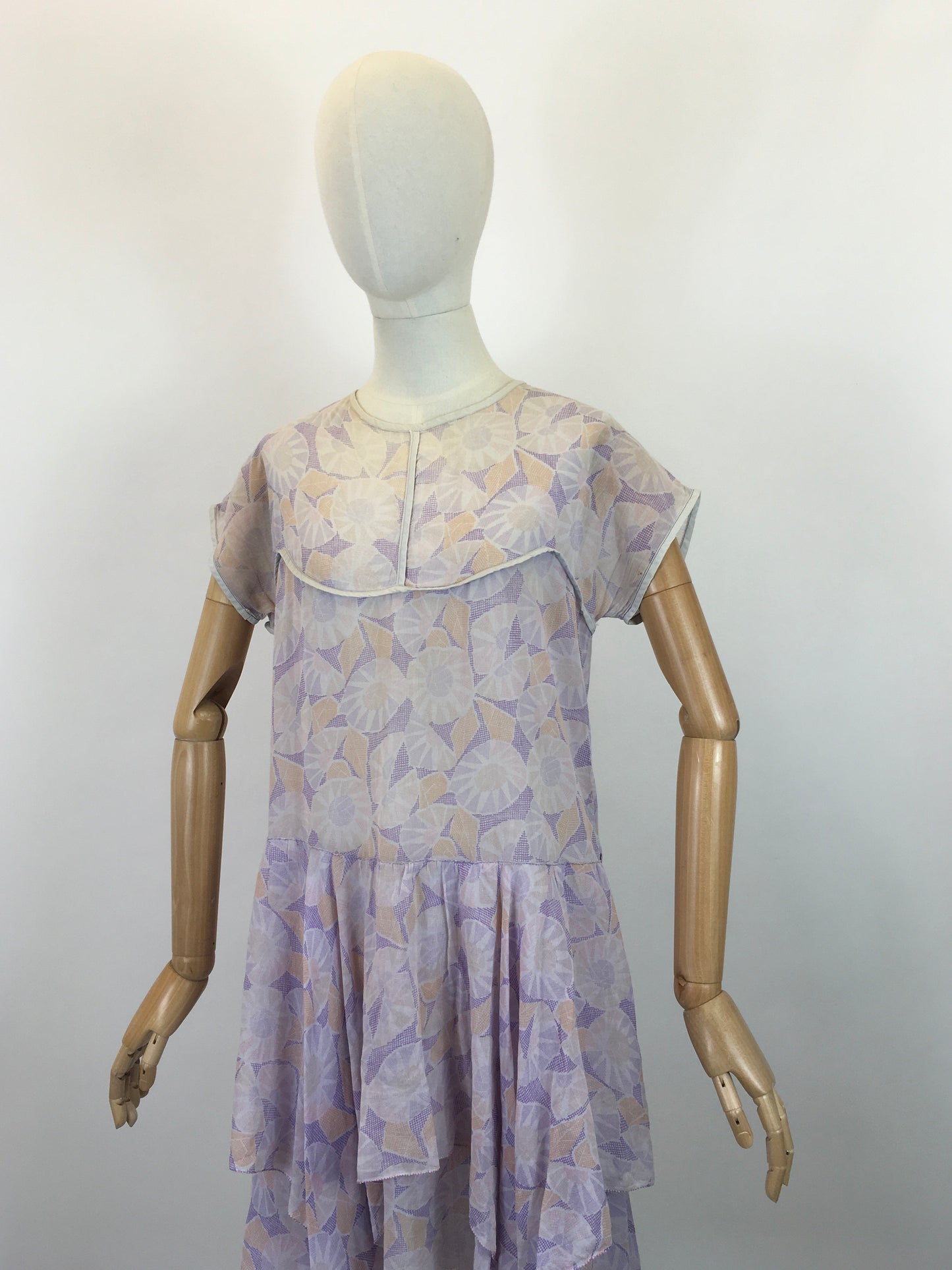 Original 1920's Charming Cotton Lawn Day Dress - In Deco Pastels of Lilacs, Pinks & Orange
