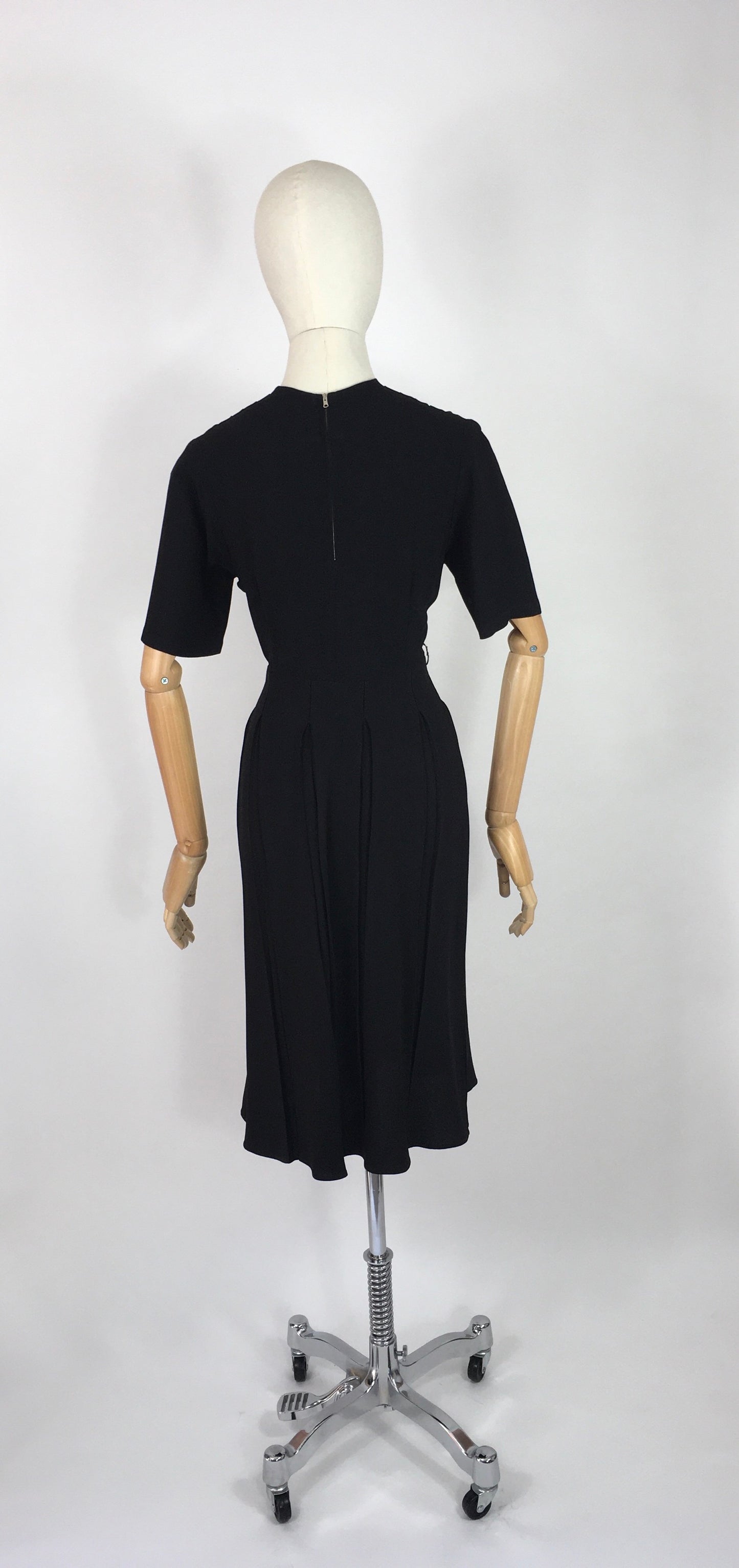 Original 1940’s Black Crepe Dress - With a Lovely Soutache Waist Panel Detailing