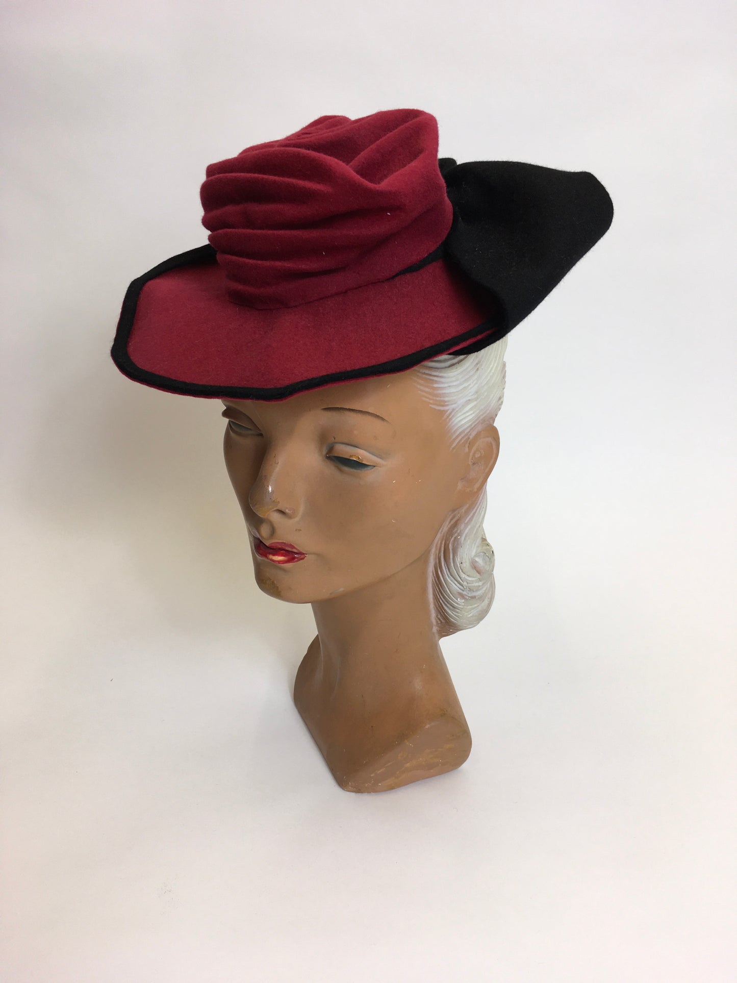 Original 1940’s Felt Topper Hat - In a Raspberry Red with Black Detailing
