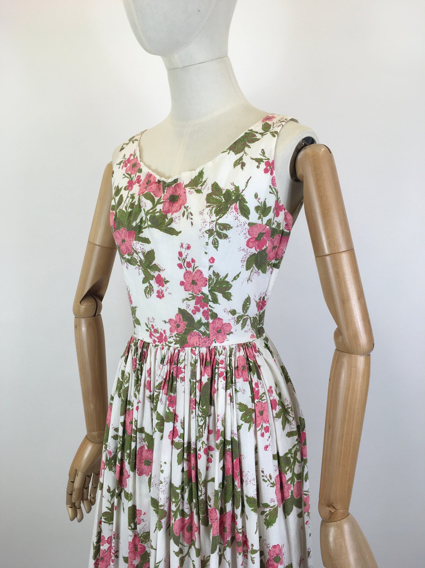 Original 1950’s Darling Cotton Sundress - In A Pink Floral with Green Fauna
