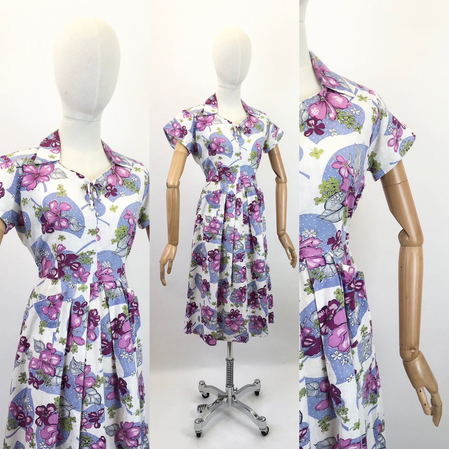 Original 1940's Lovely Cotton Day Dress - In Purple, Pink, Magenta and Green