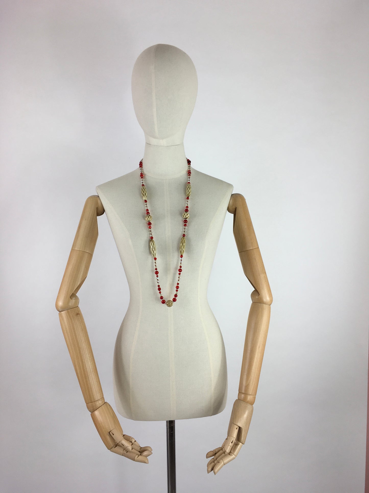 Original 1930s Long Line Necklace - In a Contrast Glass Bead and Celluloid in Reds, Clear and Soft Cream