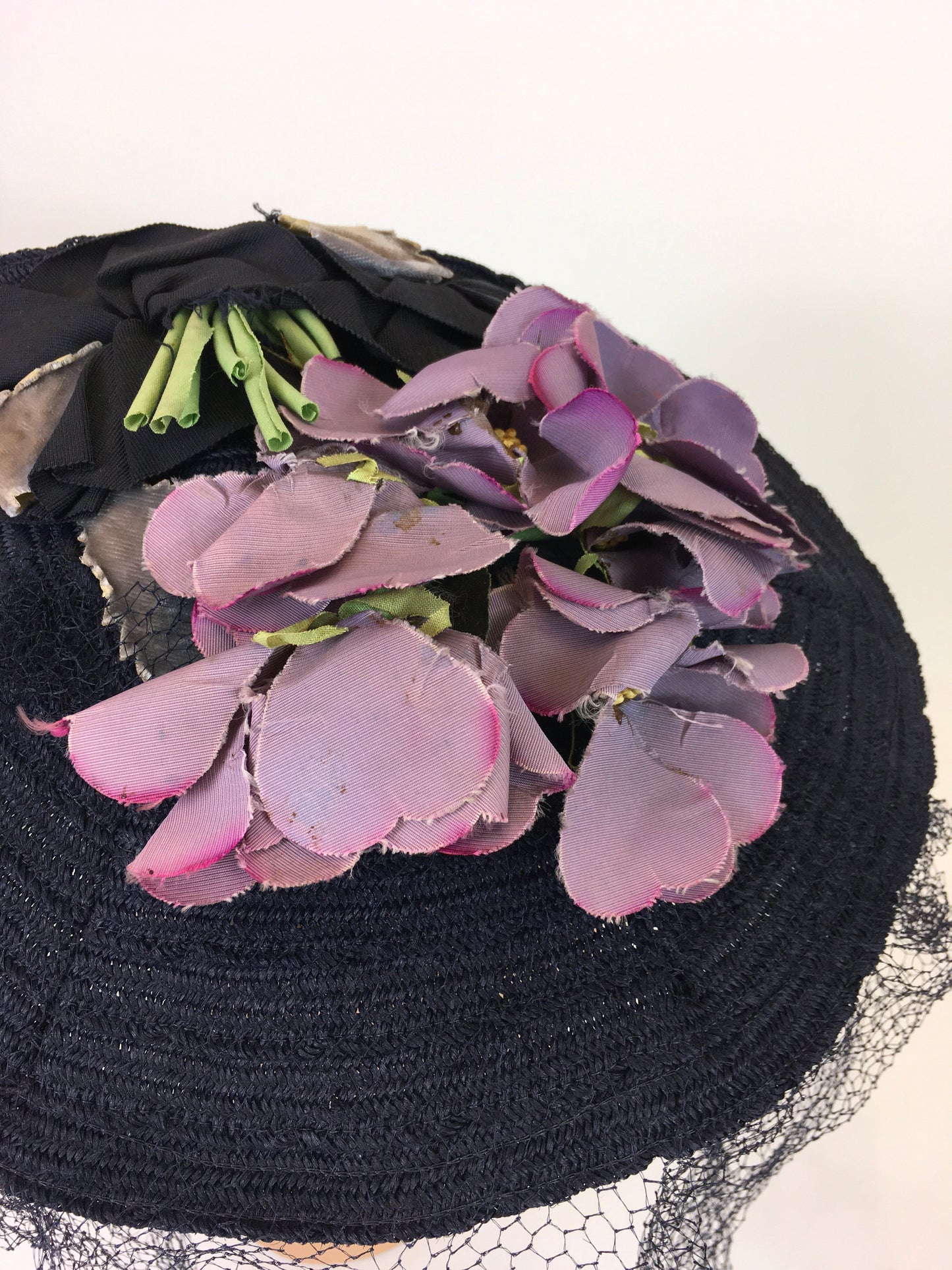 Original 1940's Sensational Navy Straw Tilt Hat - Adorned With Purple Millinery Blooms