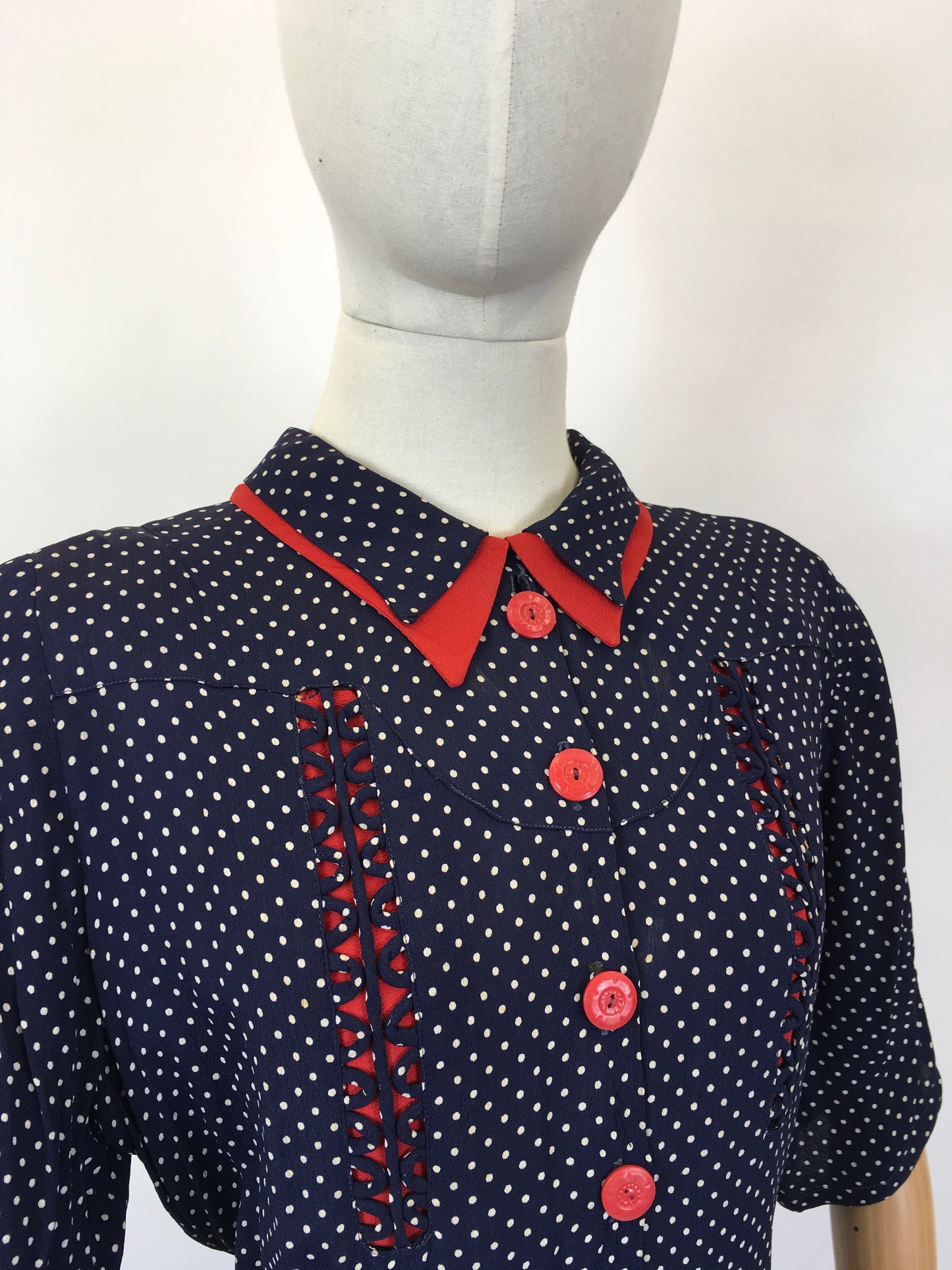 Original 1940's Sensational Volup Rayon Dress - In Navy, White & Red with Contrast Fretwork Embelishment