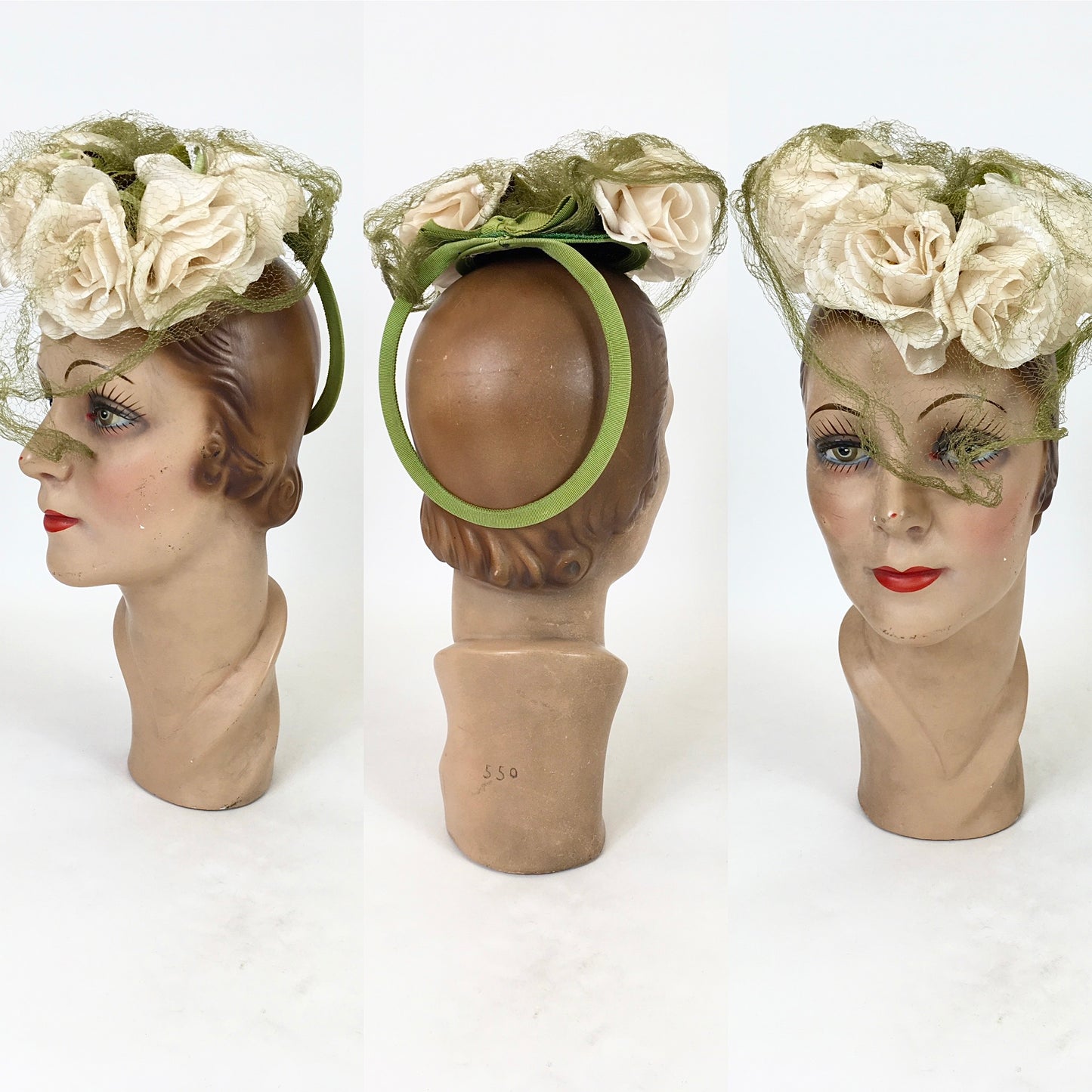 Original 1940's Darling Floral Topper Hat - In Pistachio and Ivory