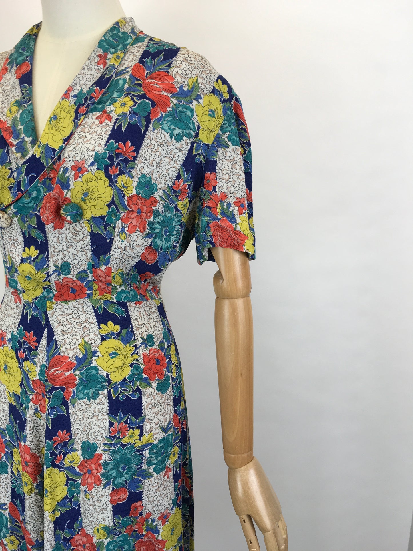 Original 1940’s STUNNING Fine Crepe Day Dress - Floral Brights in Reds, Blues, Chartreuse, Peacock and Fawns