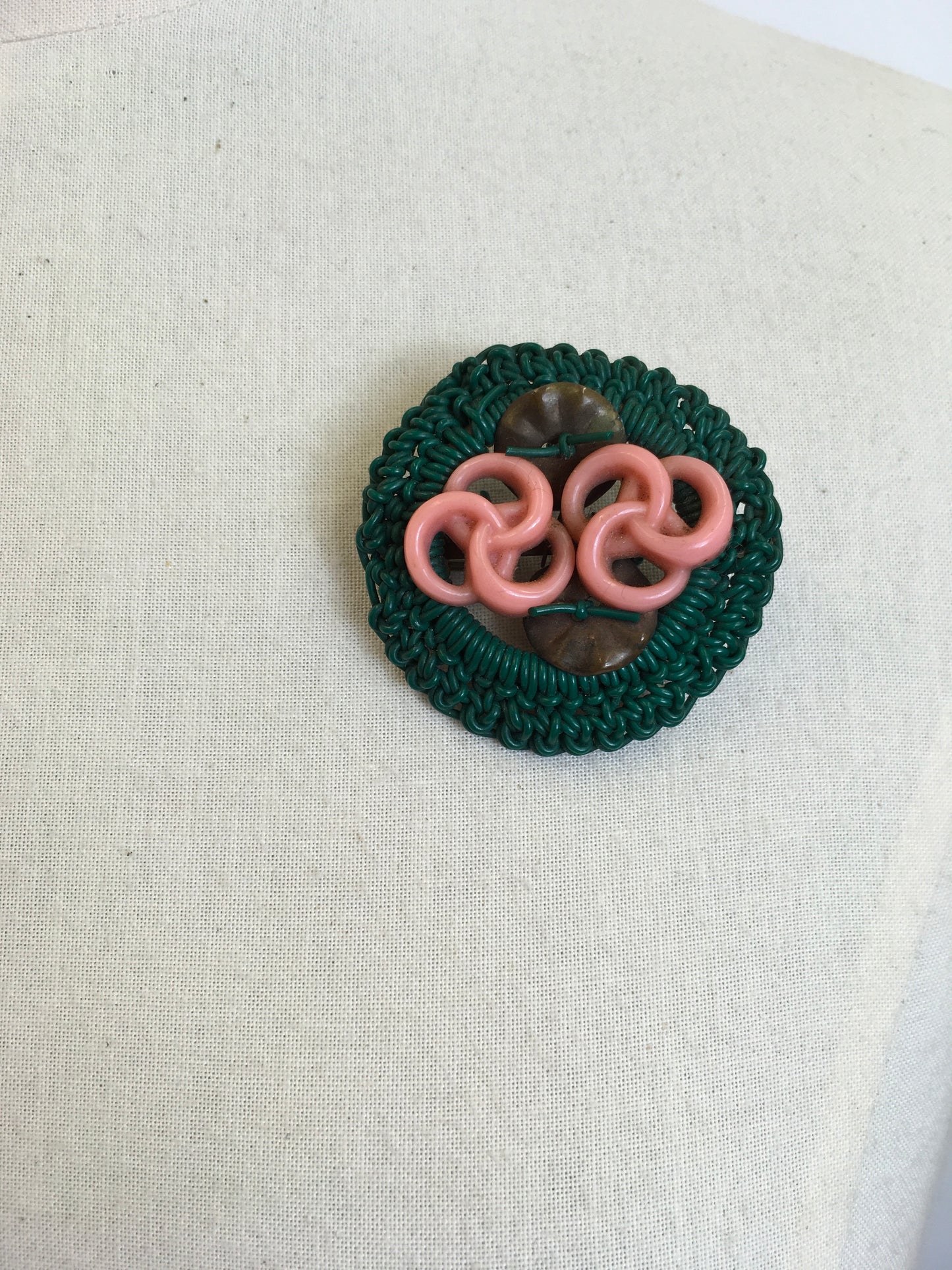 Original 1940’s ‘ Make Do and Mend’ Brooch - Pink & Green Telephone Wire