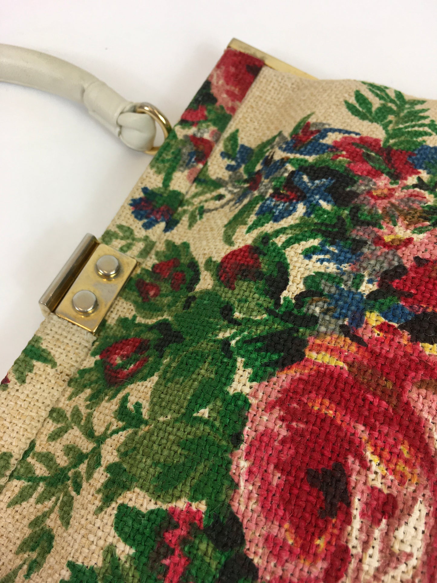 Original 1950’s Fabulous Floral Handbag - With Gold Metalwork Frame and Cream Handle