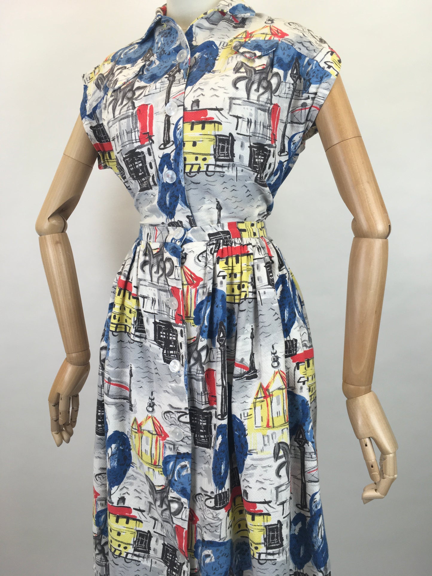 Original 1950s 4 pc Sun Set In Novelty Print Barkcloth - Sun Top, Blouse, Bloomer Shorts and Skirt