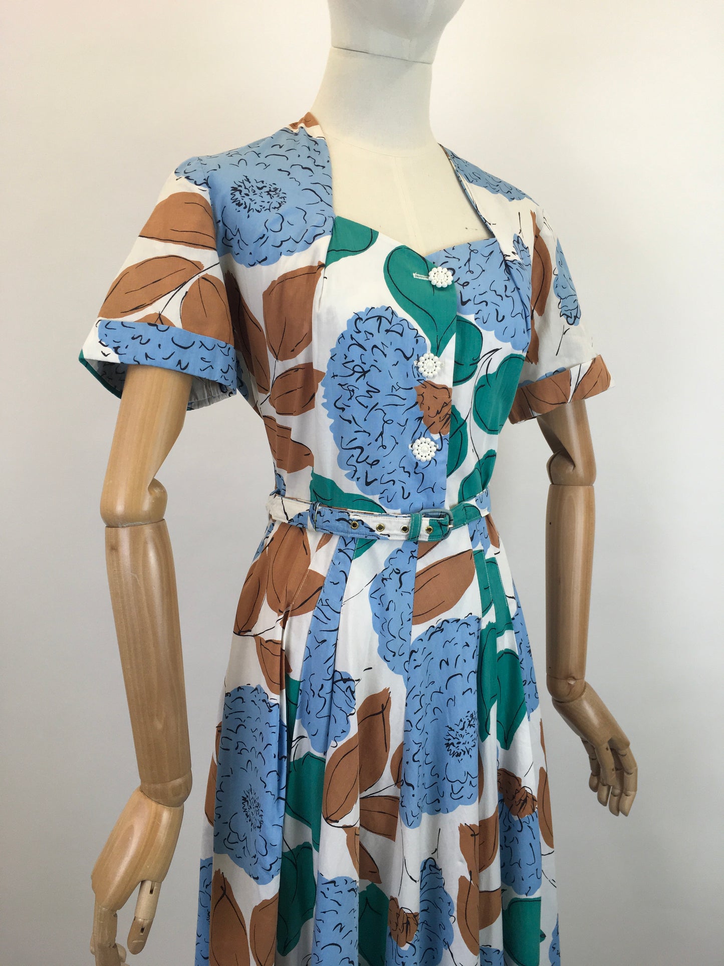 Original Late 1940’s Floral Cotton Day Dress - In Airforce Blue, Caramel Brown, Emerald on Crisp Off White