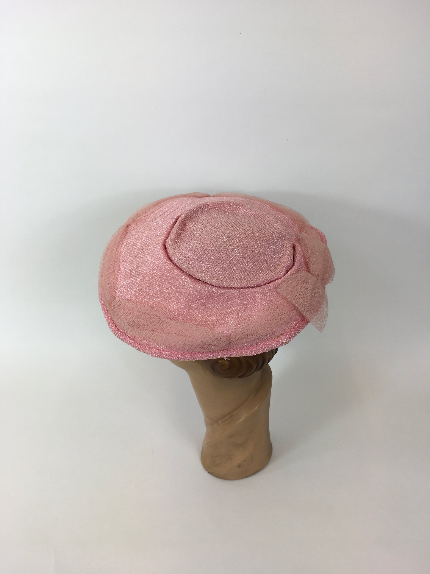Original 1950’s Darling Powder Pink Platter Hat - With Attached Polka Dot Veiling and Bow