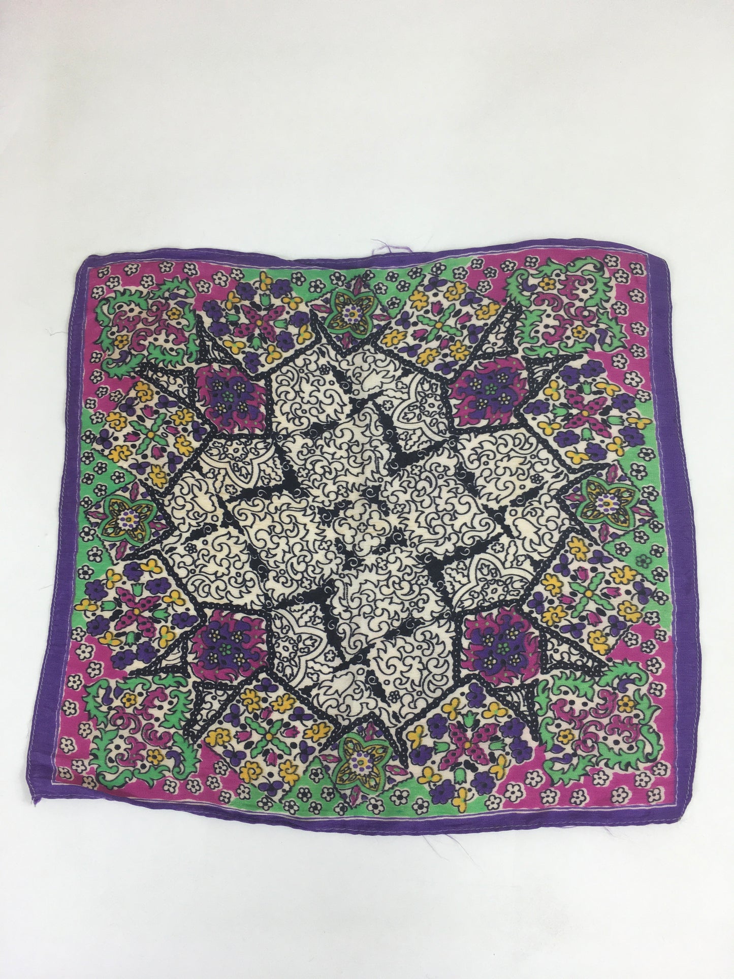 Original 1940’s Rayon Hankie - In Purple, Green, Black & Yellow