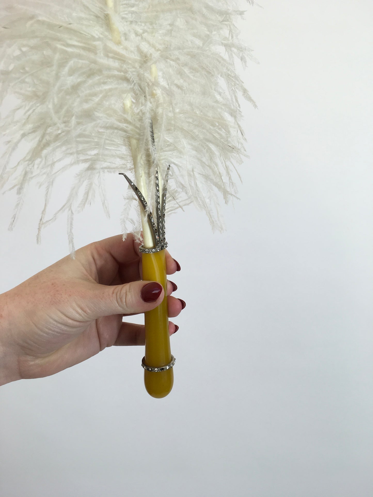 Original 1920's Fabulous Single Feather Plume with Encrusted Early Plastic Handle - Worn in 1926 To a Brides Evening Celebration