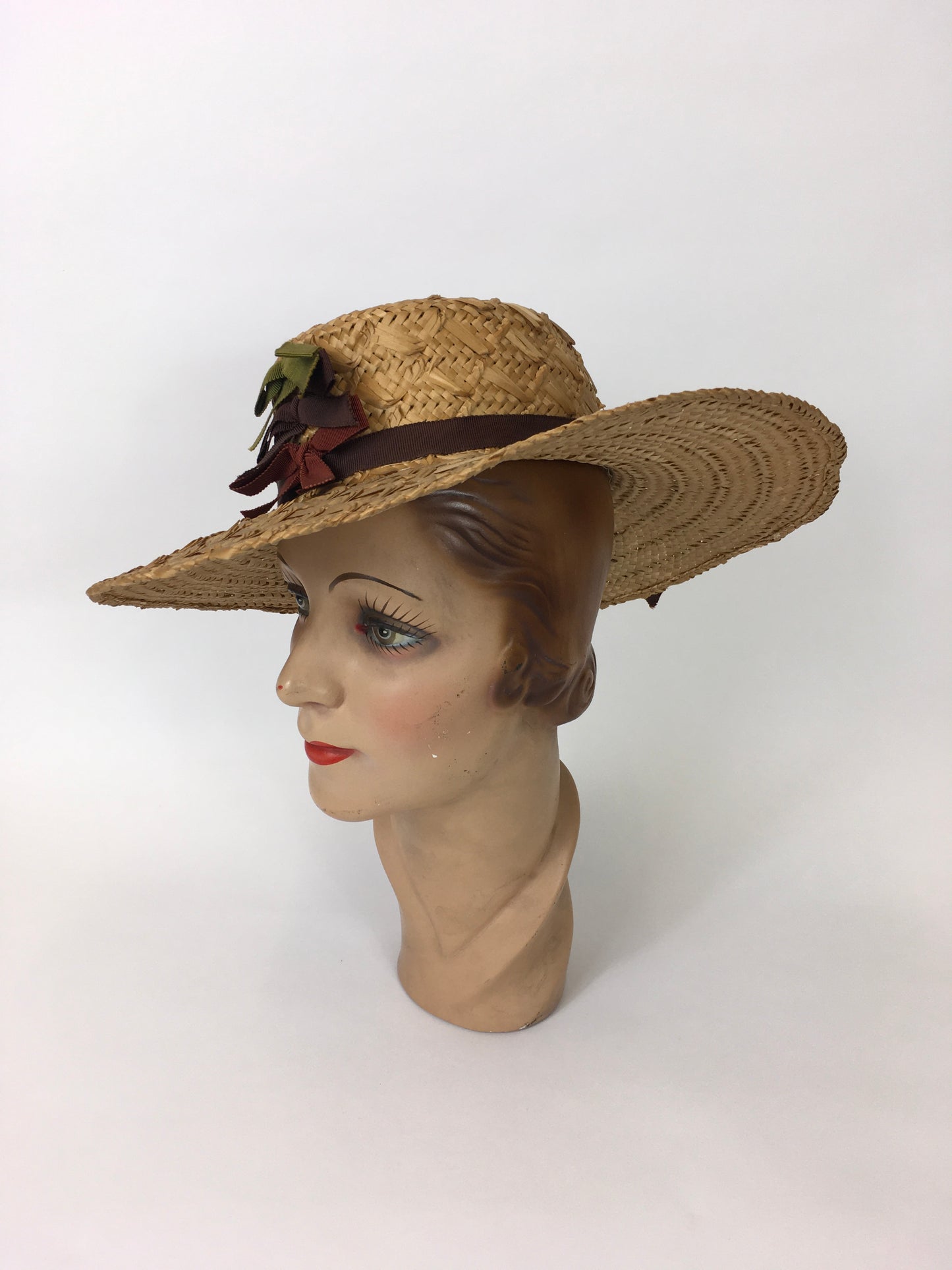Original 1940’s Straw Hat With Grosgrain Ribbon - In Warm Browns, Grassy Greens and Maroons