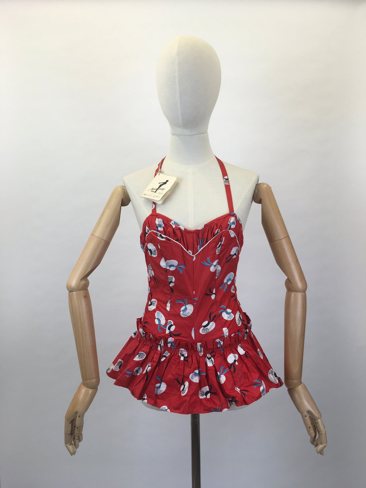 Original 1950s early 1960’s Deadstock ‘ Aquapoise’ Novelty Swimsuit - In a Fabulous Hat Print on Lipstick Red Cotton