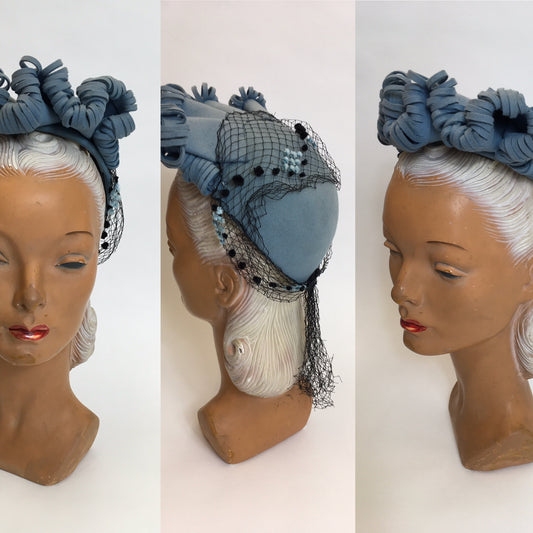 Original 1940’s Powder Blue American Hat - Stunning Halo Shape Front With Shaped Felt
