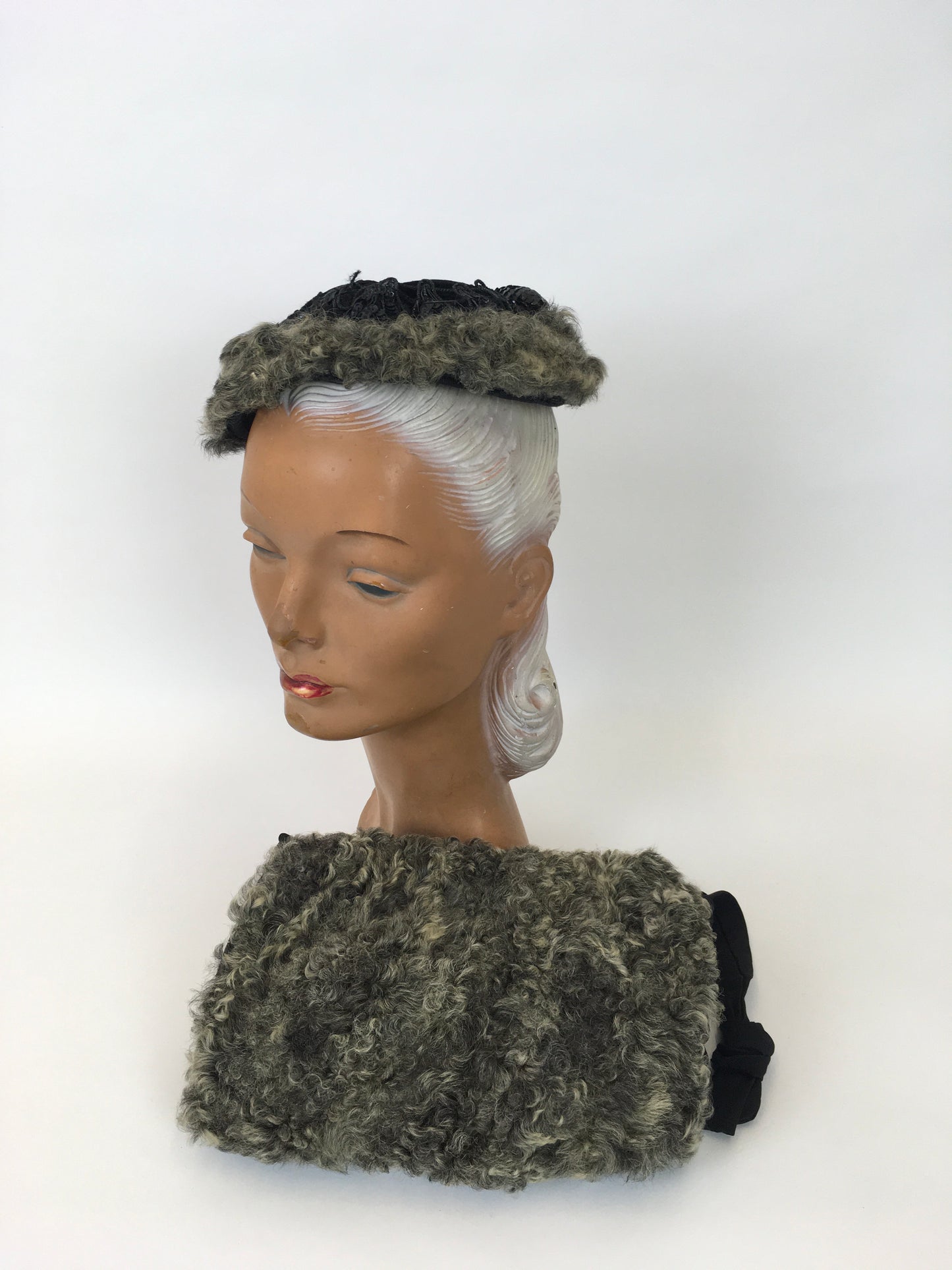 Original 1940s Gorgeous Hat & Muff 2pc Set - In a Lovely Grey Astrakhan and Black Velvet with Trim