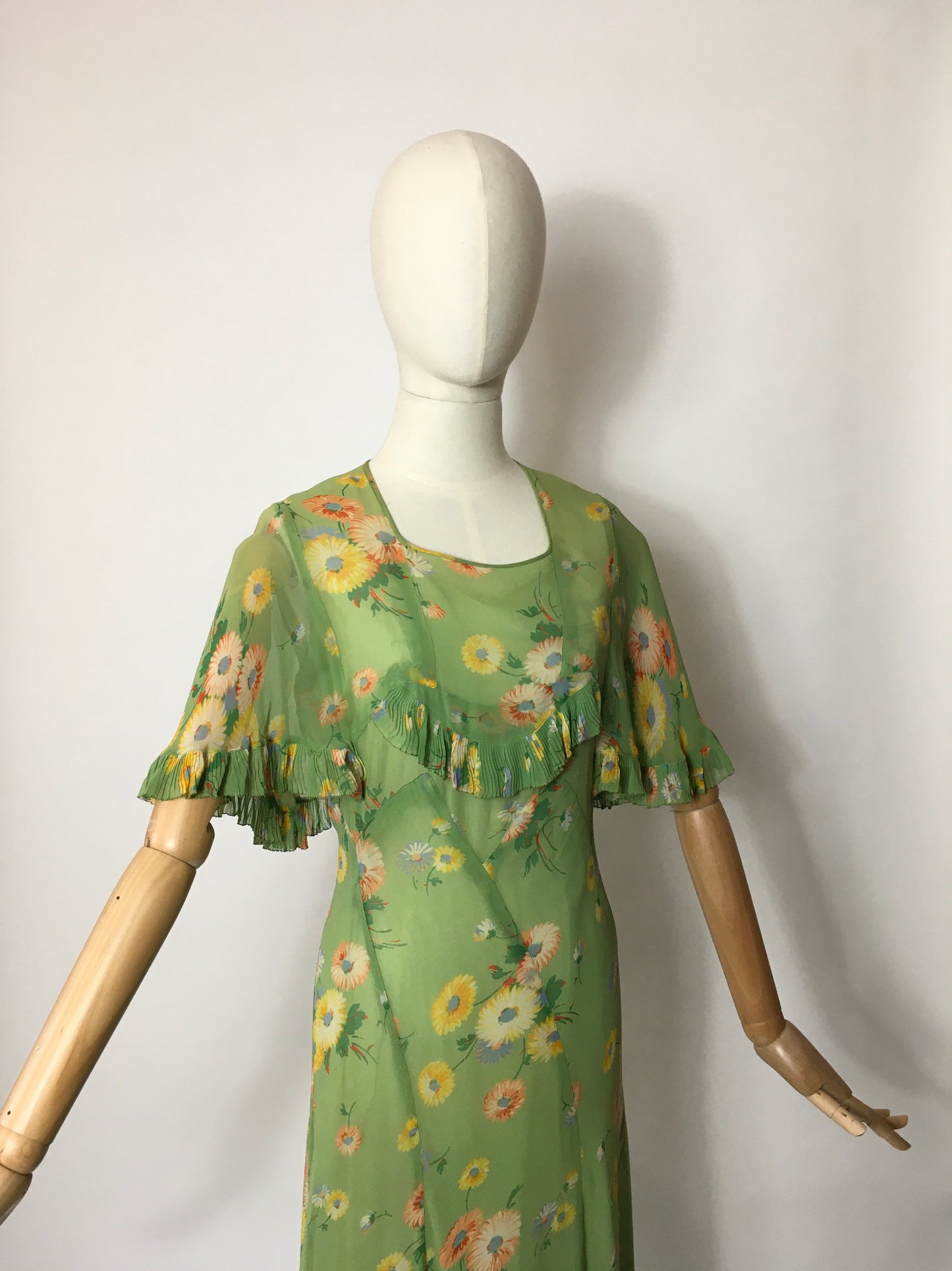 Original 1930’s Bias Cut Gown In An Exquisite Colour Pallet of Deco Green, soft blues, oranges and yellows - A Festival Of Vintage Fashion Show Exclusive