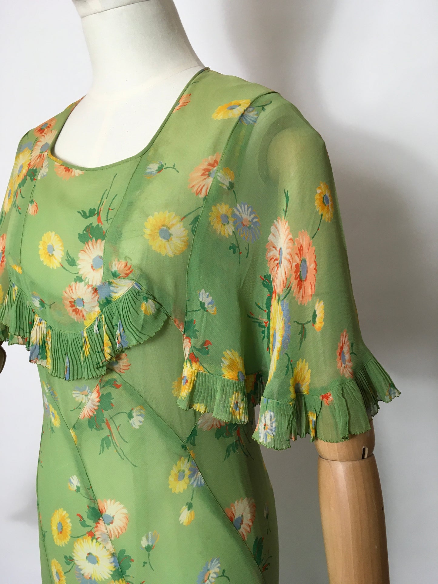 Original 1930’s Bias Cut Gown In An Exquisite Colour Pallet of Deco Green, soft blues, oranges and yellows - A Festival Of Vintage Fashion Show Exclusive