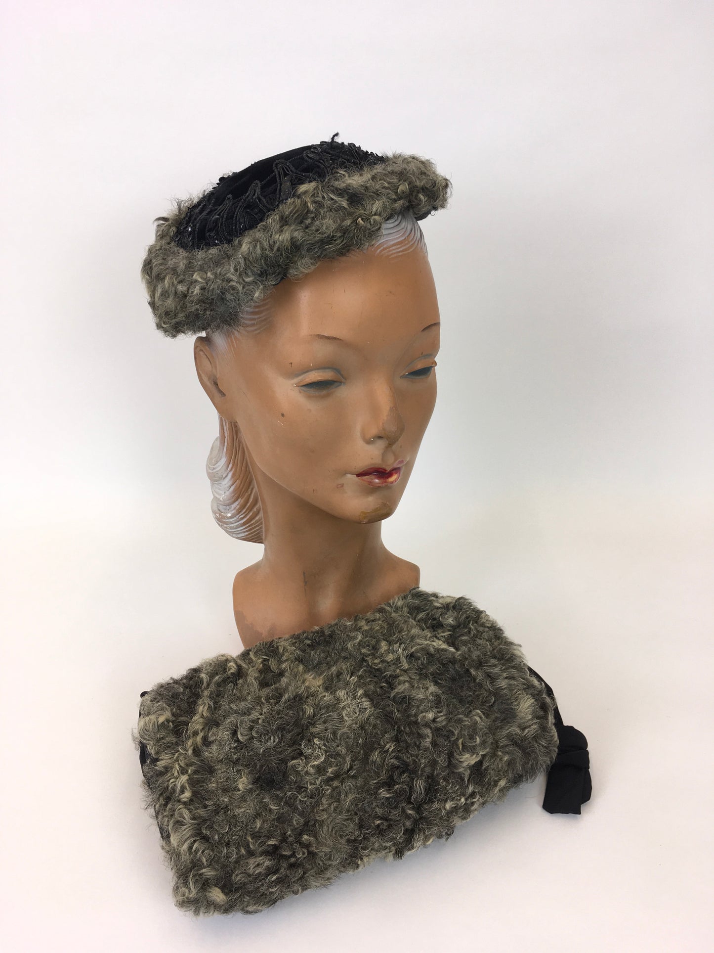 Original 1940s Gorgeous Hat & Muff 2pc Set - In a Lovely Grey Astrakhan and Black Velvet with Trim