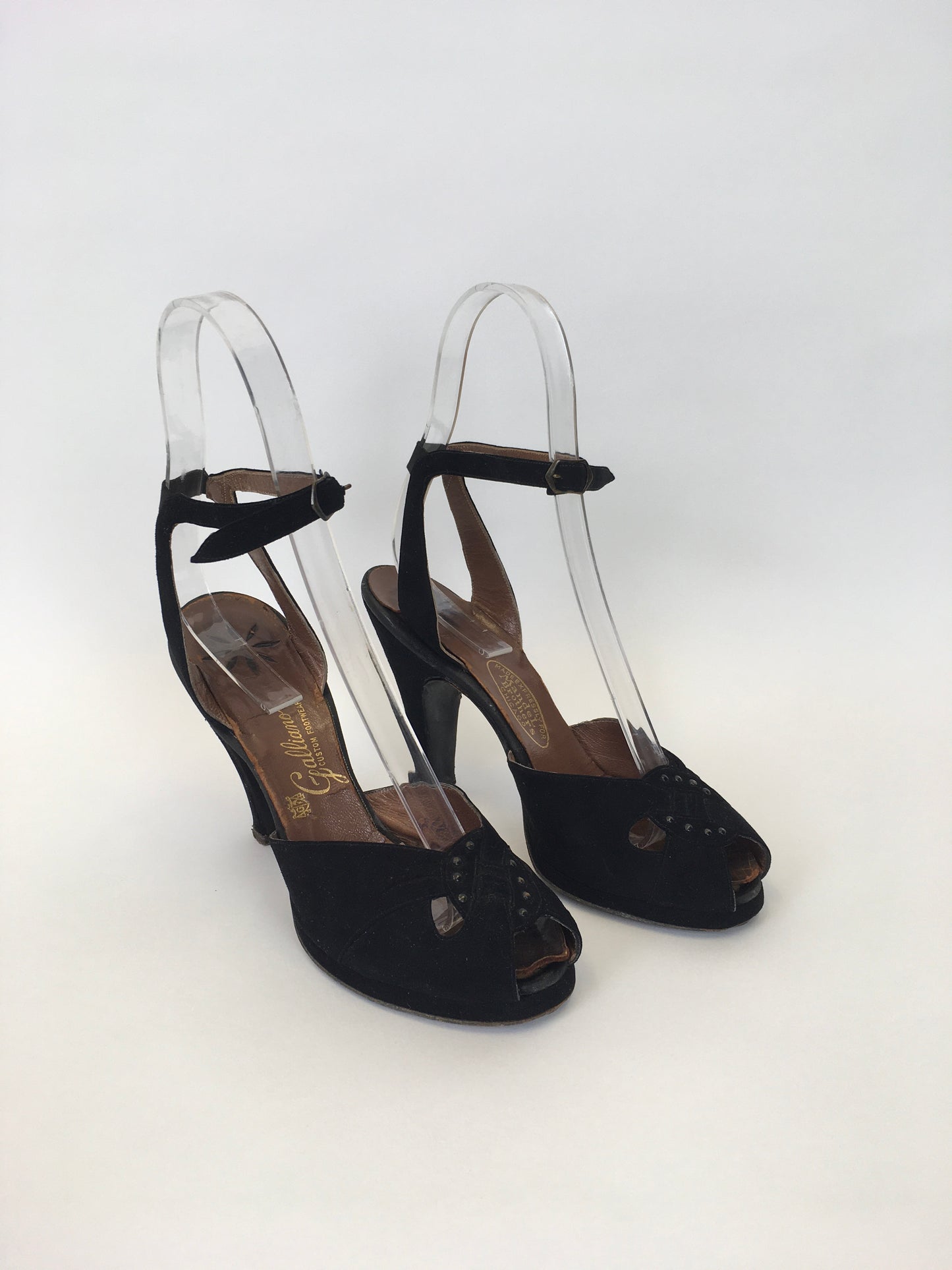 Original 1940s Black Suede Heels - With Peep toe Front Detailing and Buckled Ankle Strap