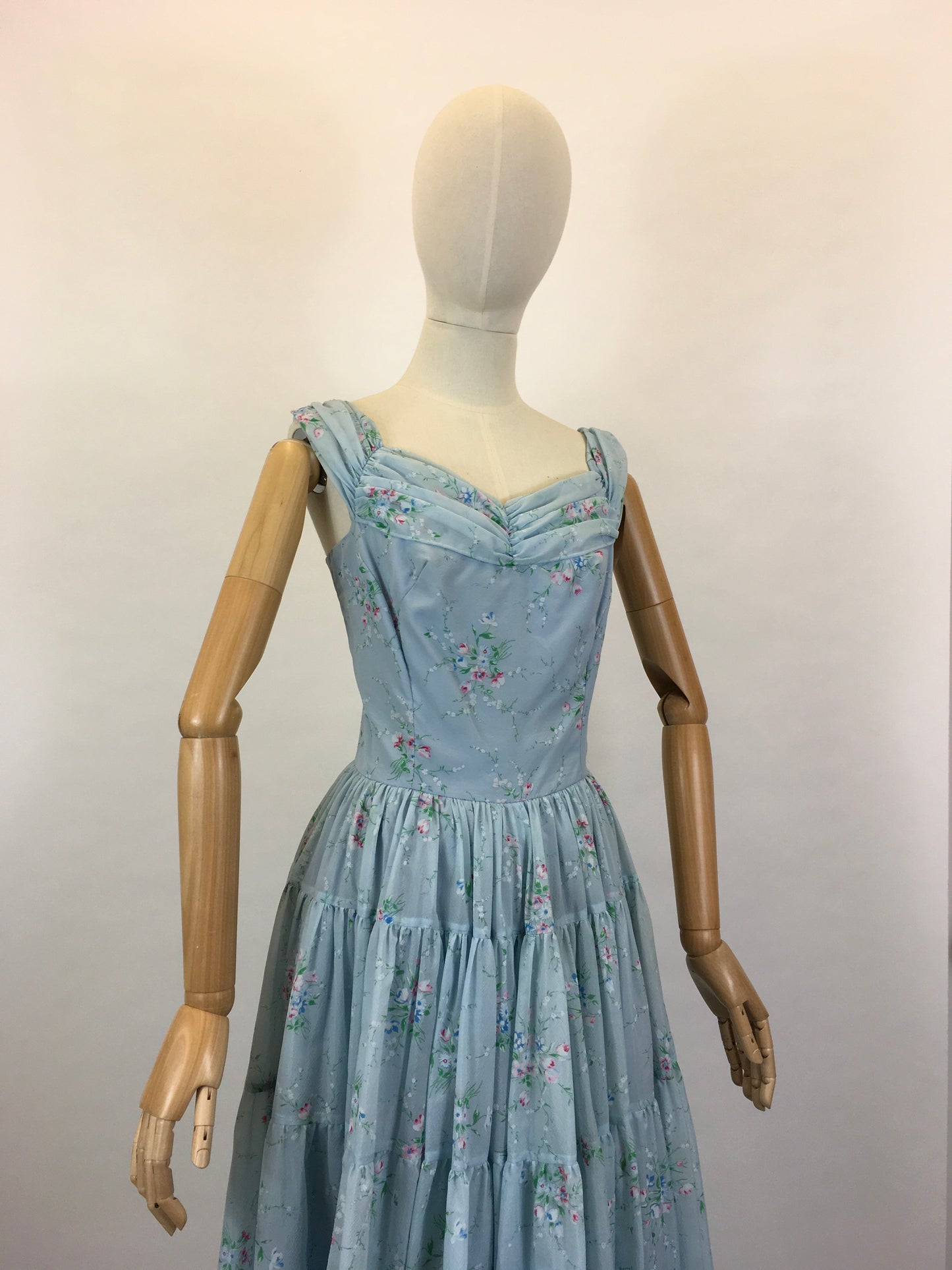 Original 1950’s Darling Full Length Prom Dress - In A Lovely Powder Blue Floral Tulle.