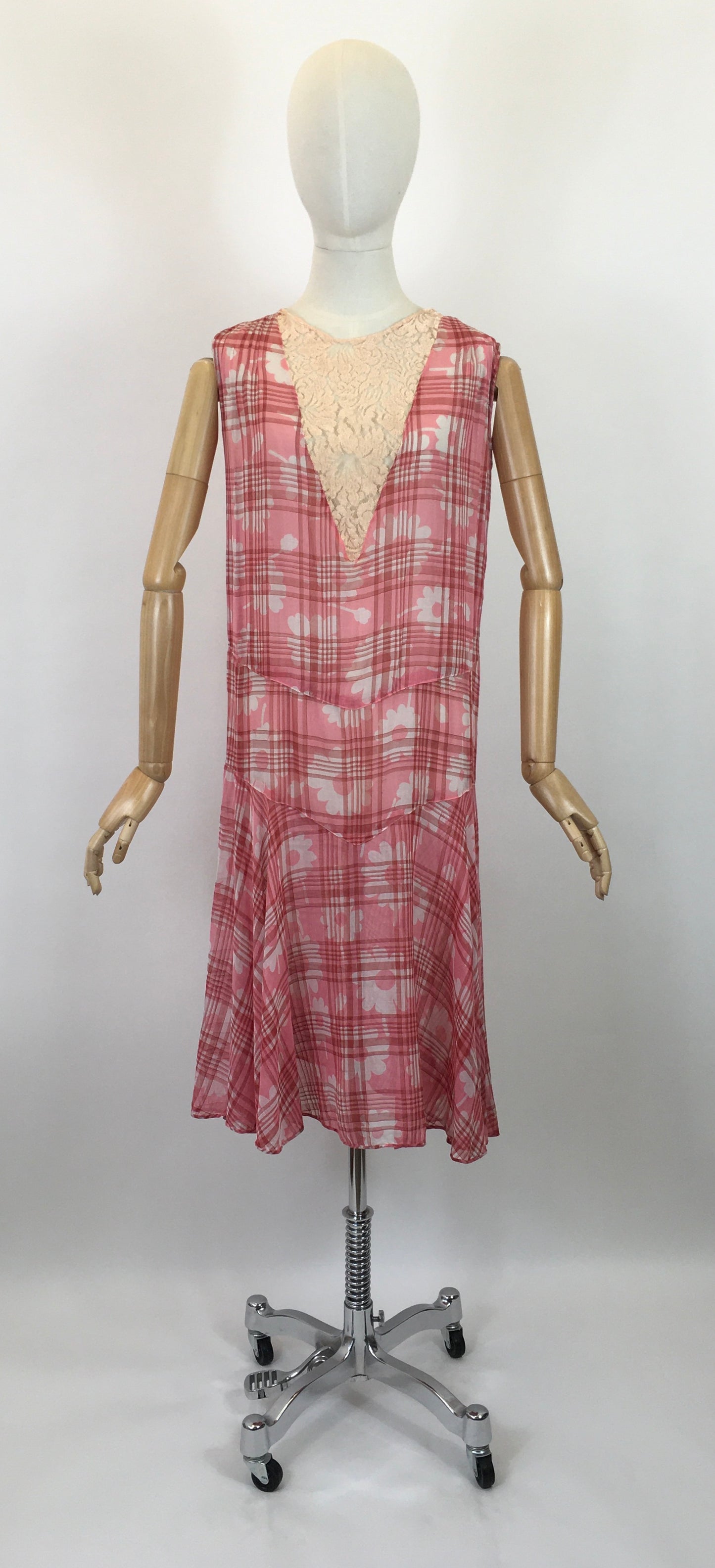 Original 1920's Darling Cotton Lawn Day Dress - In A Rose Pink Floral and Plaid Cloth