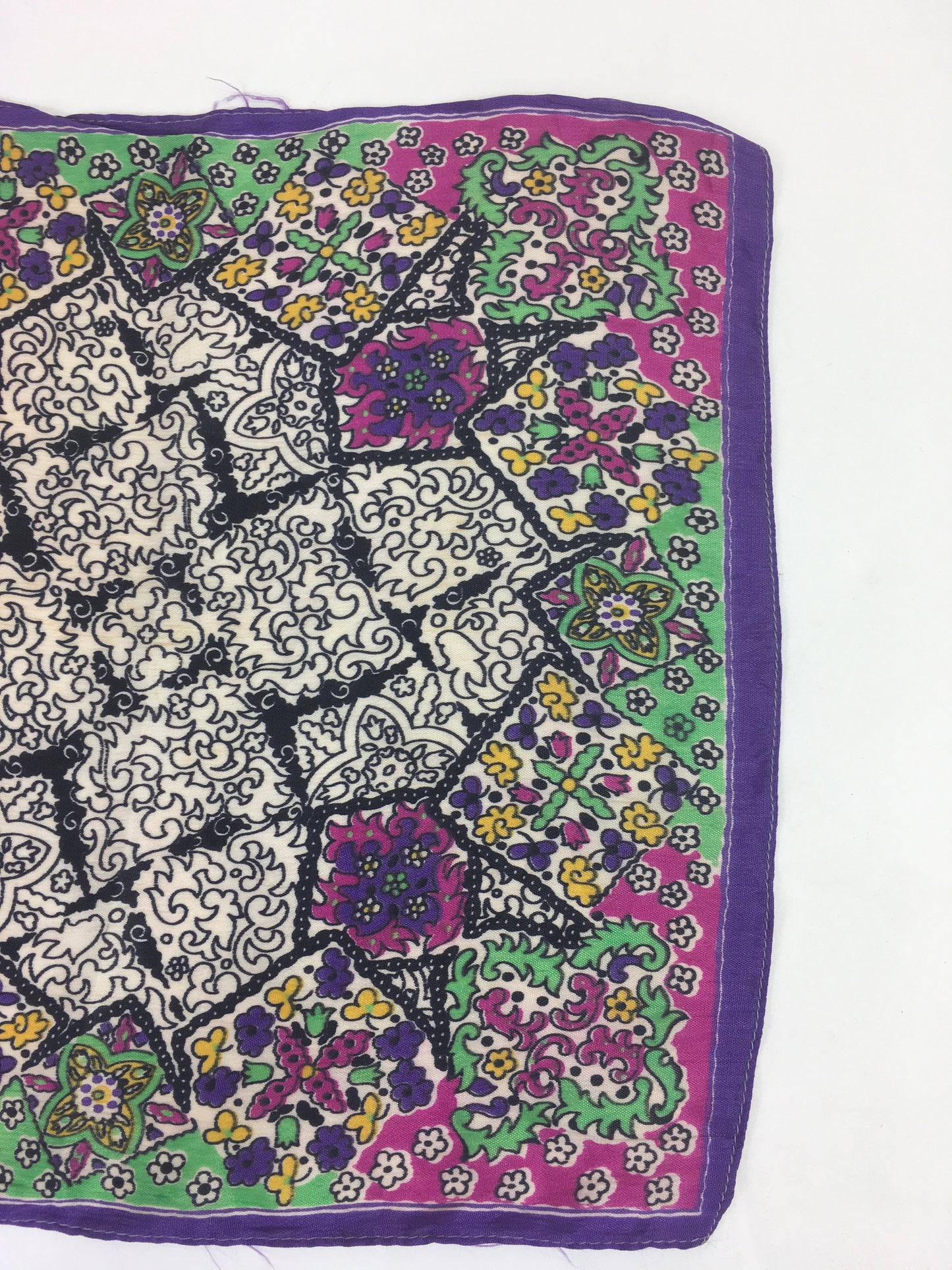 Original 1940’s Rayon Hankie - In Purple, Green, Black & Yellow