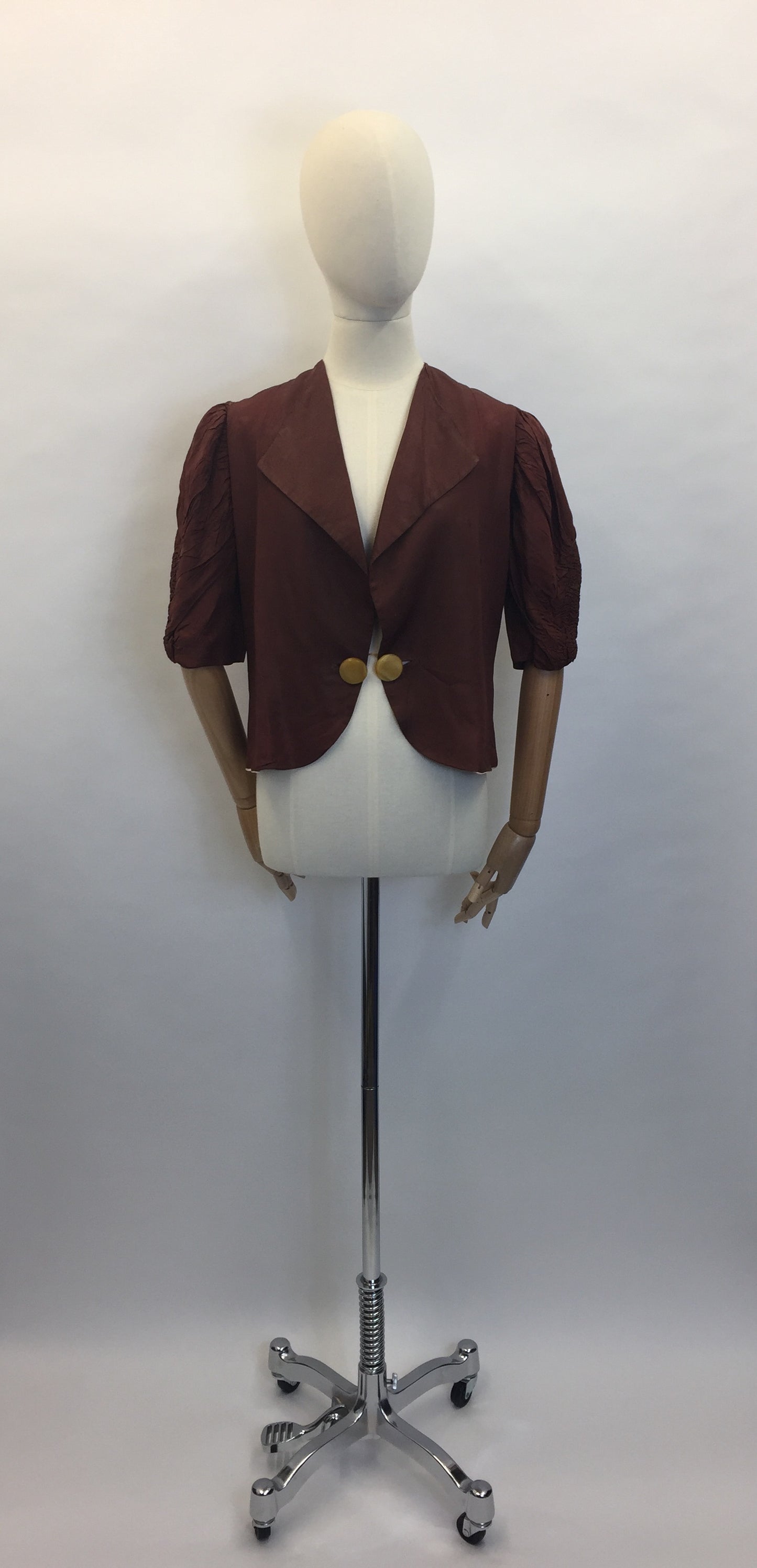 Original 1930’s Exquisite Brown Silk Jacket - Amazing Ruched sleeve detailing