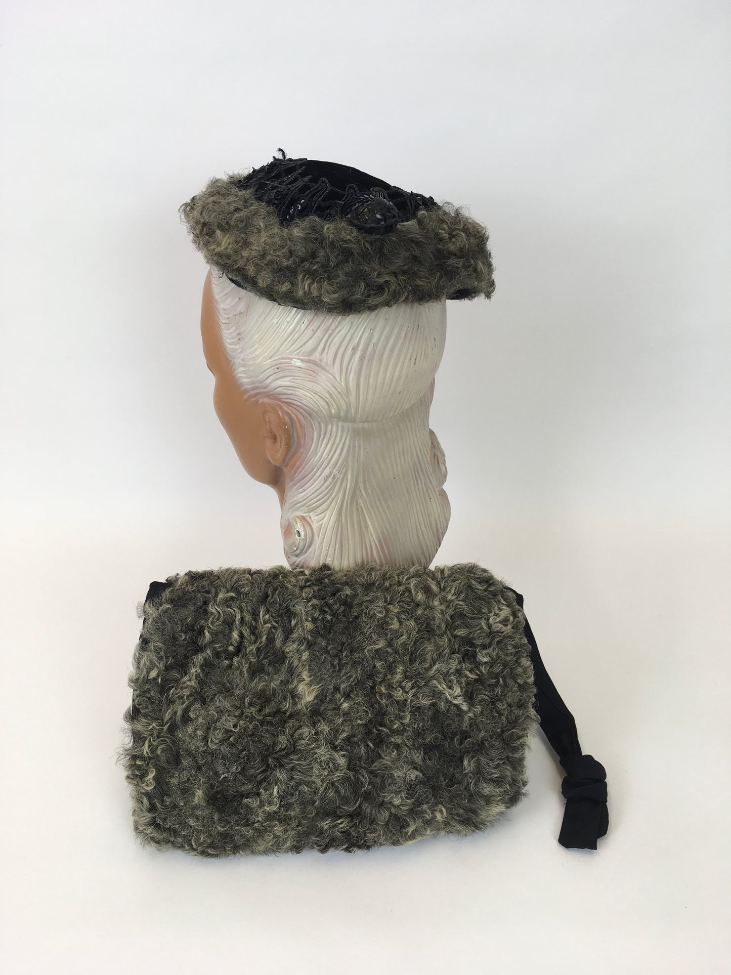 Original 1940s Gorgeous Hat & Muff 2pc Set - In a Lovely Grey Astrakhan and Black Velvet with Trim