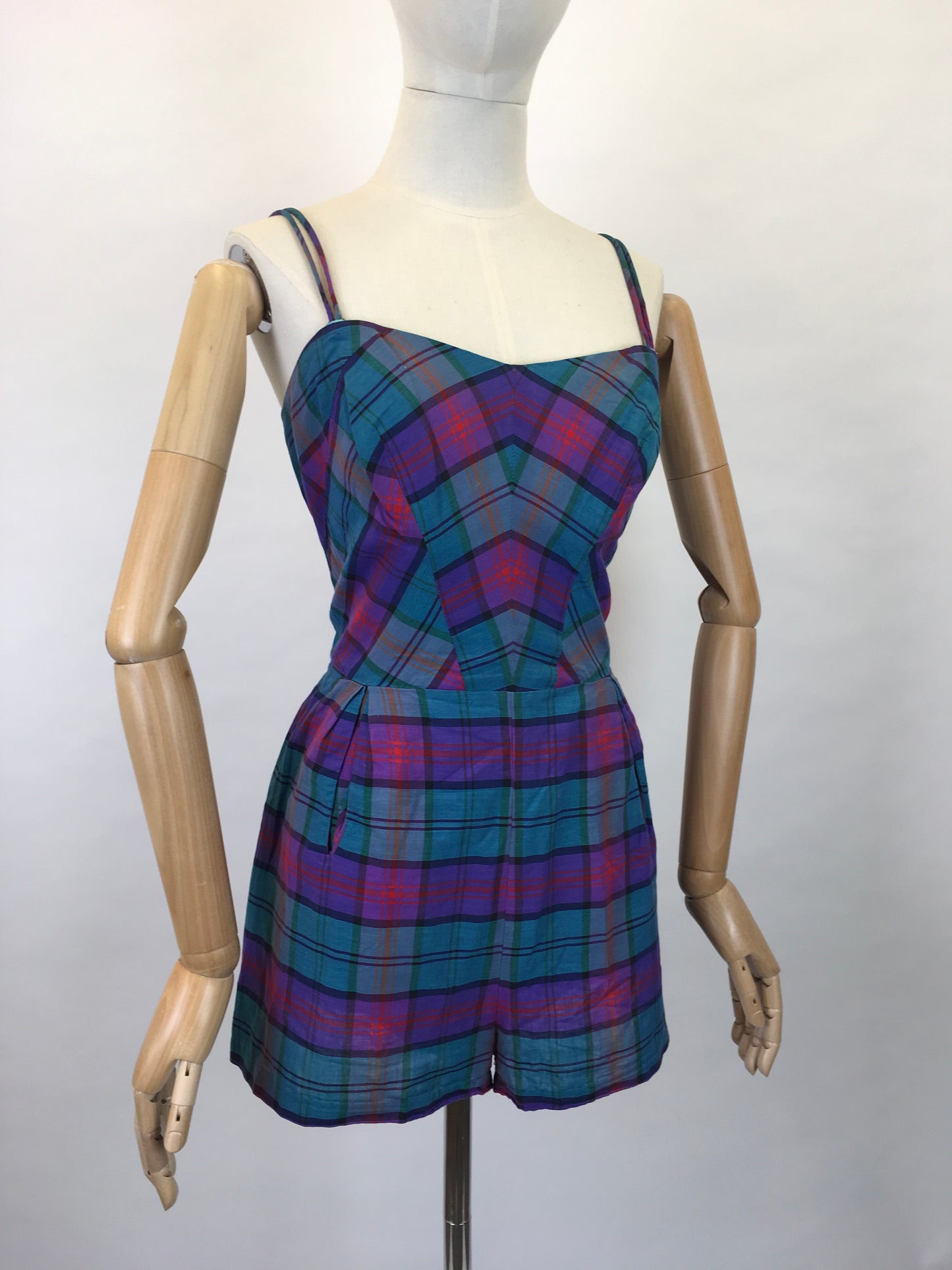 Original 1950s Fabulous Summer Playsuit - In a Gorgeous Plaid With Rich Purple, Reds, Blues and Bottle Greens