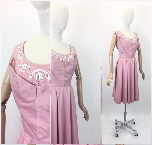 Original 1950's Sensational Dress with Beadwork Detailing - In a Delicate Rosebud Pink