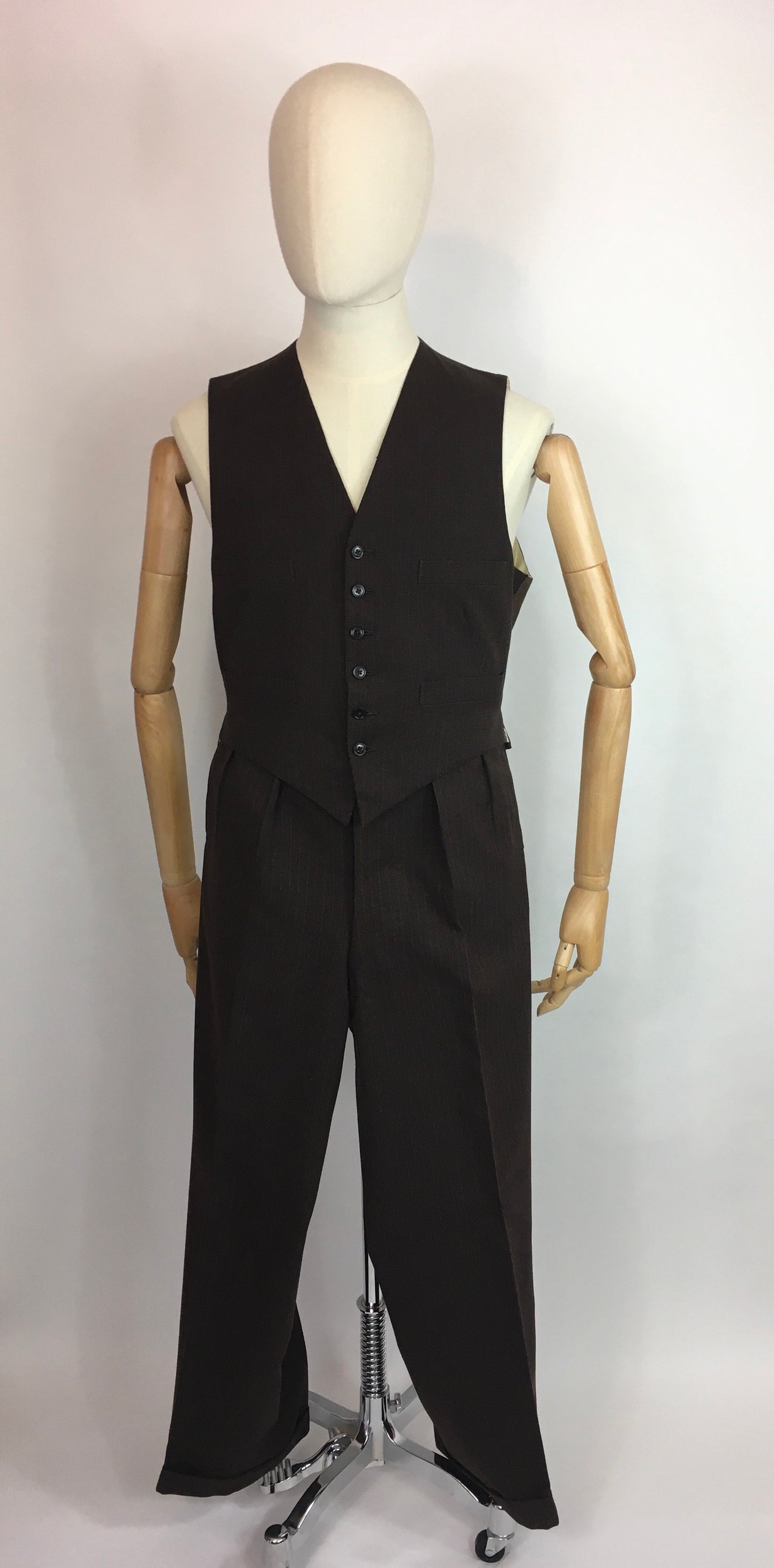 Original 1940’s Gents 2pc Waistcoat and Trousers Set - Made from A Lovely Brown Cloth with Orange Pinstripe