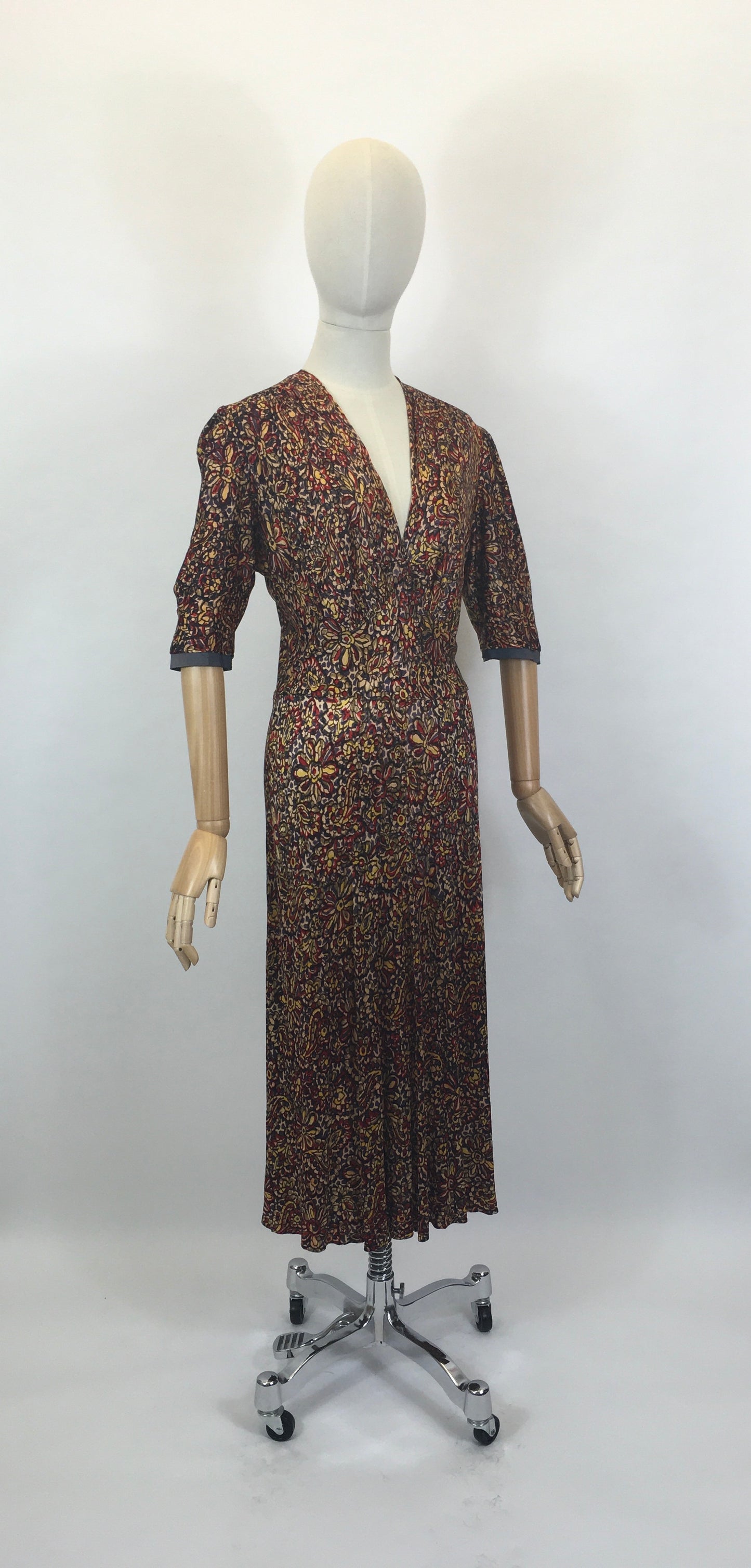 Original 1940’s STUNNING Rayon Jersey Dress AS IS - In Reds, Purples, Yellows & Navy