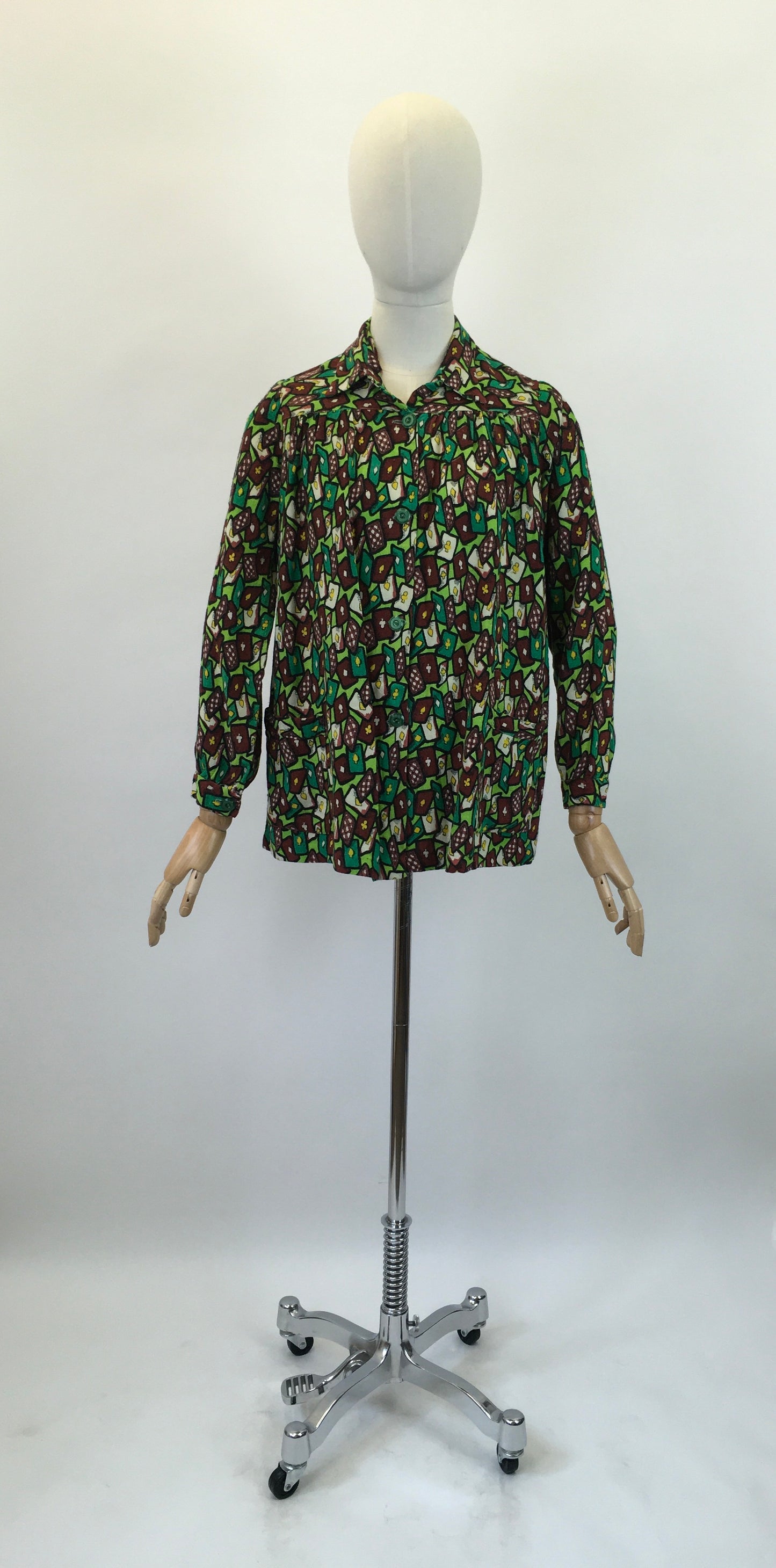 Original 1940's Fabulous Novelty Print ' Playing Cards' Smock - In Chartreuse, Emerald Green, Yellow & Brown