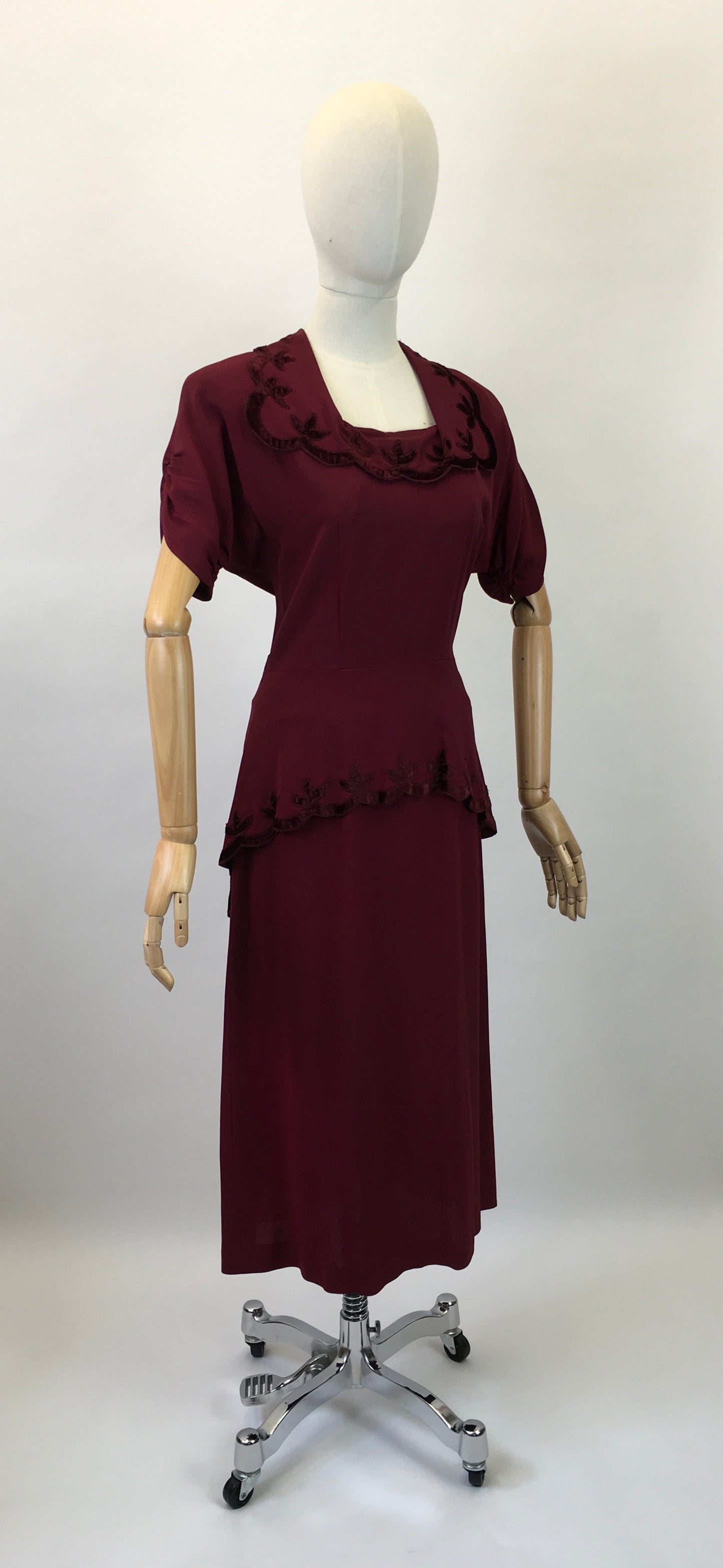 Original 1940's Sensational Cocktail Dress ' Styled By Adrian' - In Deep Wine with Velvet Trims