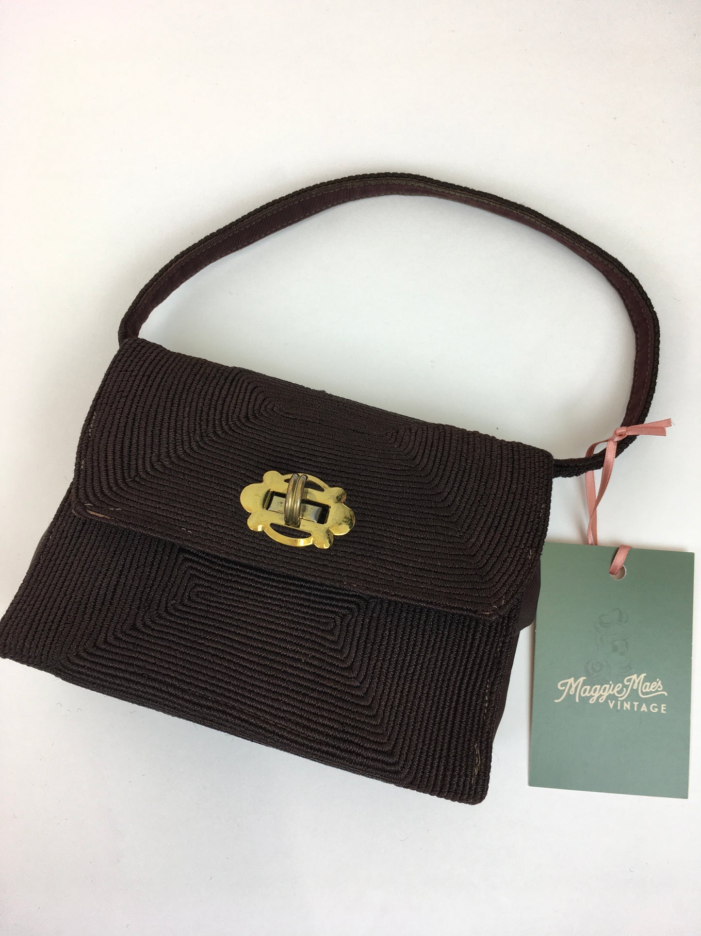 Original 1940s Warm Brown Corde Bag - ‘ Styled By Normandic ‘ with Brass Detailing