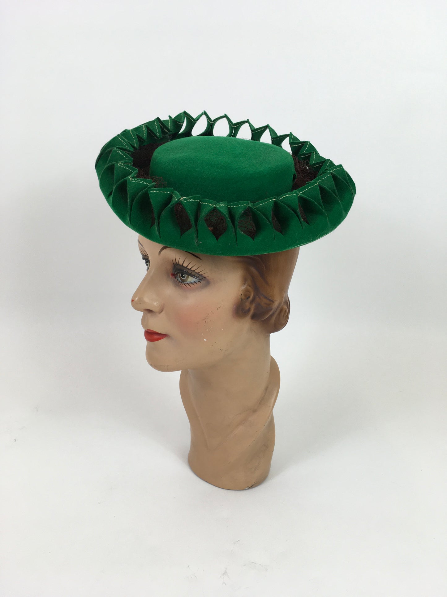 Original 1940’s SENSATIONAL Bottle Green Pancake Hat - With Cutwork and Multi Colour Veiling